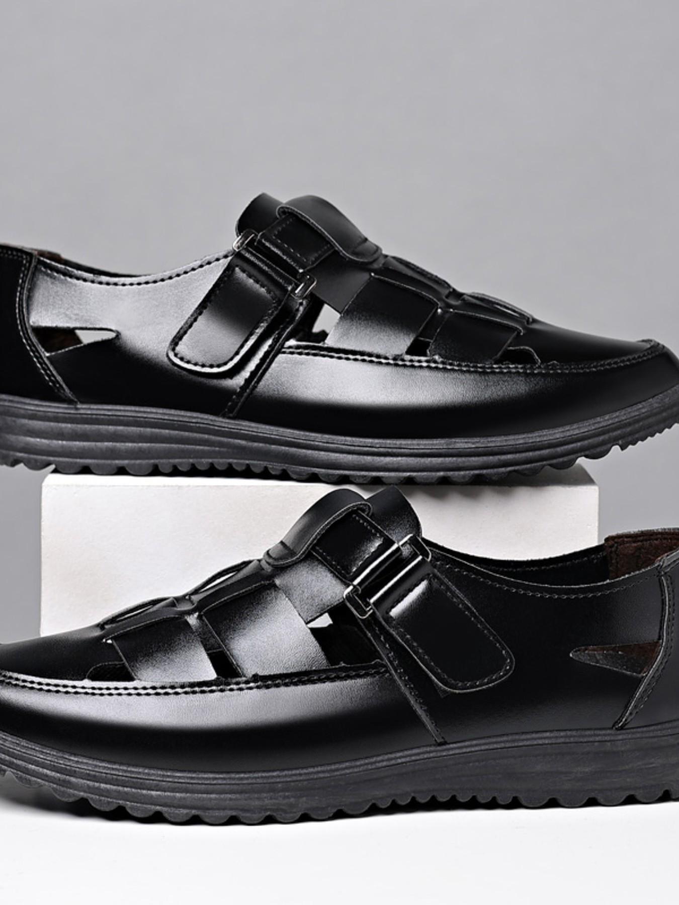 Men's Hollow Out Sandals, Summer New Arrival, Size 38-44, Velcro Soft Sole Anti-Slip Dad Shoes, Breathable Casual Leather Shoes