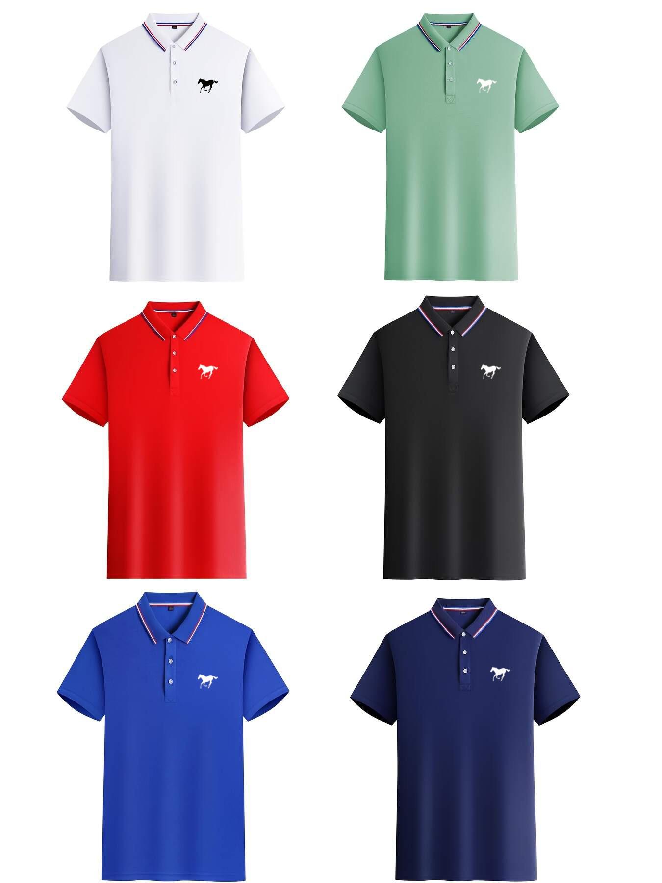 Men's Polo Shirt Set, Casual Fashion Home Wear, Solid Color Fitted Short Sleeve Horse Print, Contrast Collar, Breathable Daily/golf Shirts