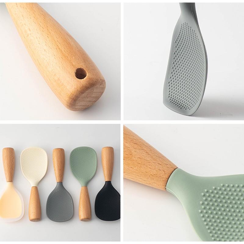 Silicone Rice Paddle with Wooden Handle, Non-Stick Heat Resistant Rice Scoop, BPA Free & Dishwasher Safe，Food-Grade Standing Silicone Rice Spoon, Non-Slip Heat Resistant, Stain-Free Rice Serving Spoon, Home Electric Rice Cooker Spoon