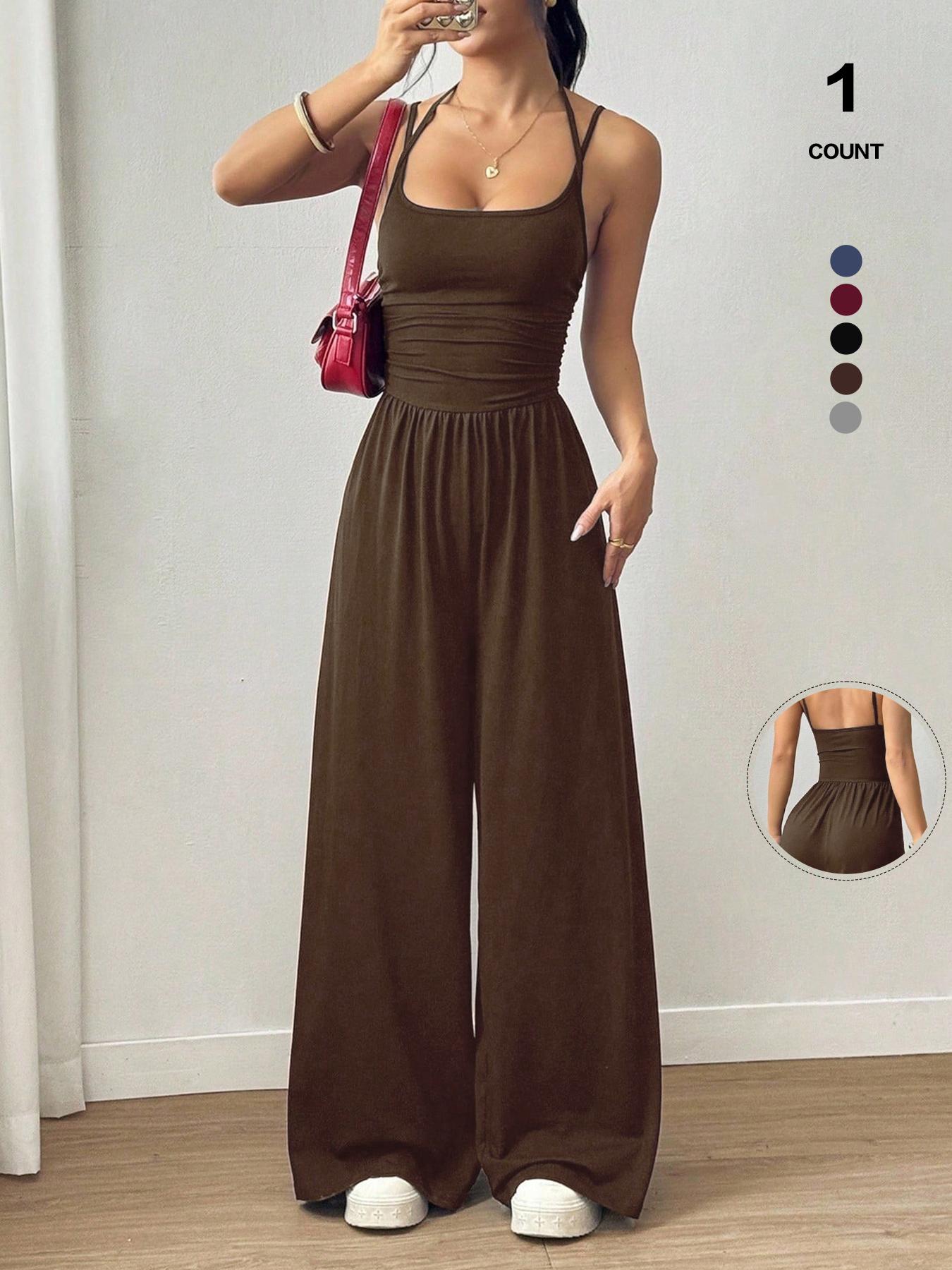 Women's Sleeveless Jumpsuit, Pleated Waist Wide-Leg Pants, One-Piece Sexy Backless Design, All Seasons Fitted Organic Textile