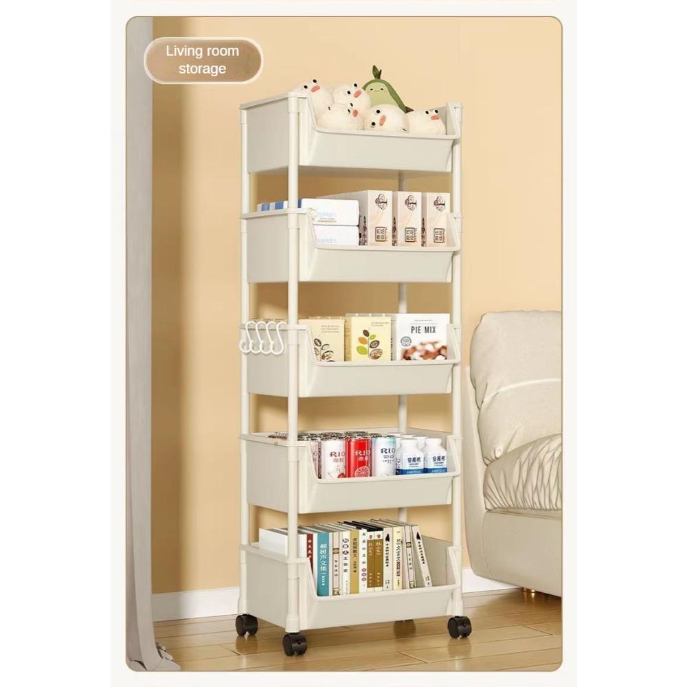 5 Layer Practical Mobile Rolling Multi-Functional Plastic Storage Cart with 4 Wheels, Floor Standing Shelves for Living Room Bedroom Dormitory Home Bookshelf Display Storage Rack