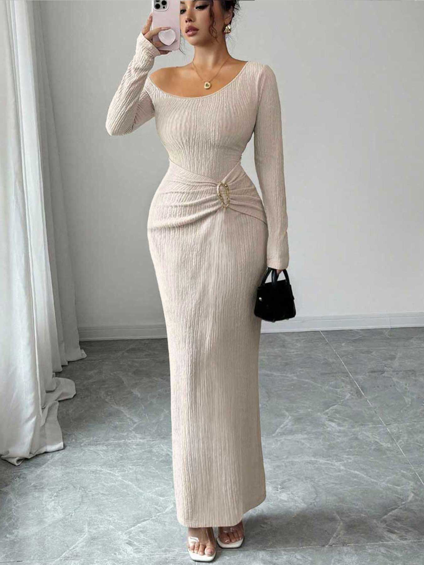 Women's Elegant Chic Asymmetric Neckline Dress, Plain Color, Twist Texture, Tight Fit, Party Gown, Commuter Style, All Seasons