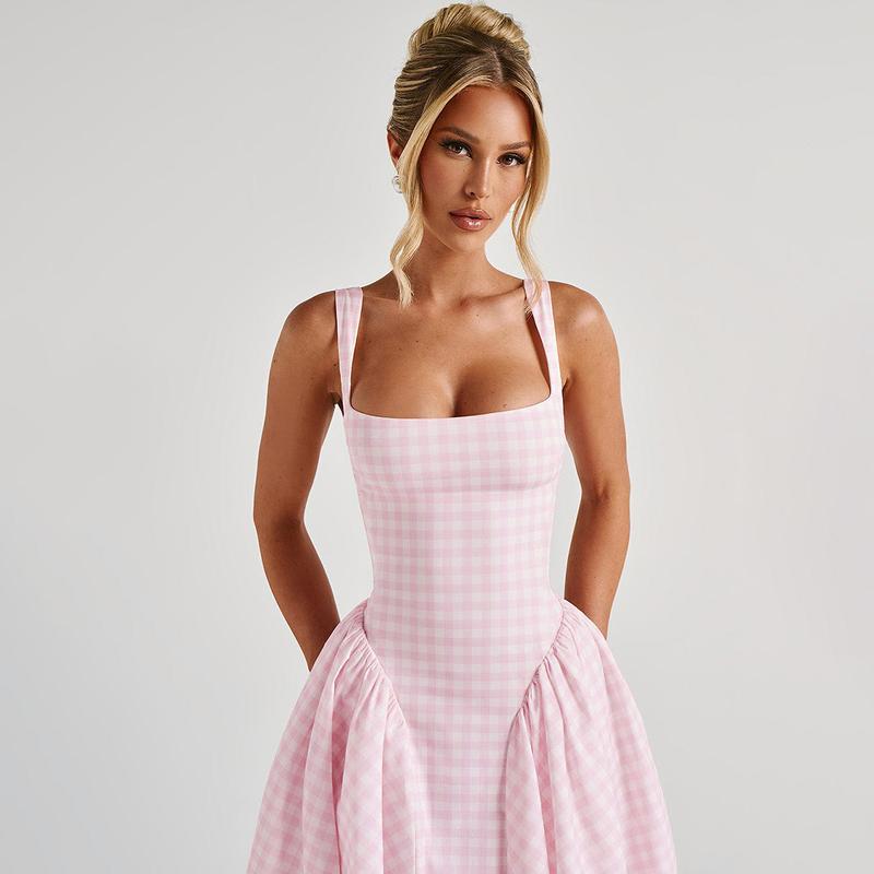 Plaid A-Line Midi Dress for Women's Summer Outfit Adjustable Strap Bodycon Top Flared Hem Casual Elegant Beach Holiday Party Club Dating Dresses