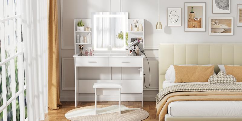 VOWNER Modern Makeup Vanity Desk with Glass tabletop,Lighted Mirror, 6 Storage Shelves, 2 Large Drawers and Cushioned Stool