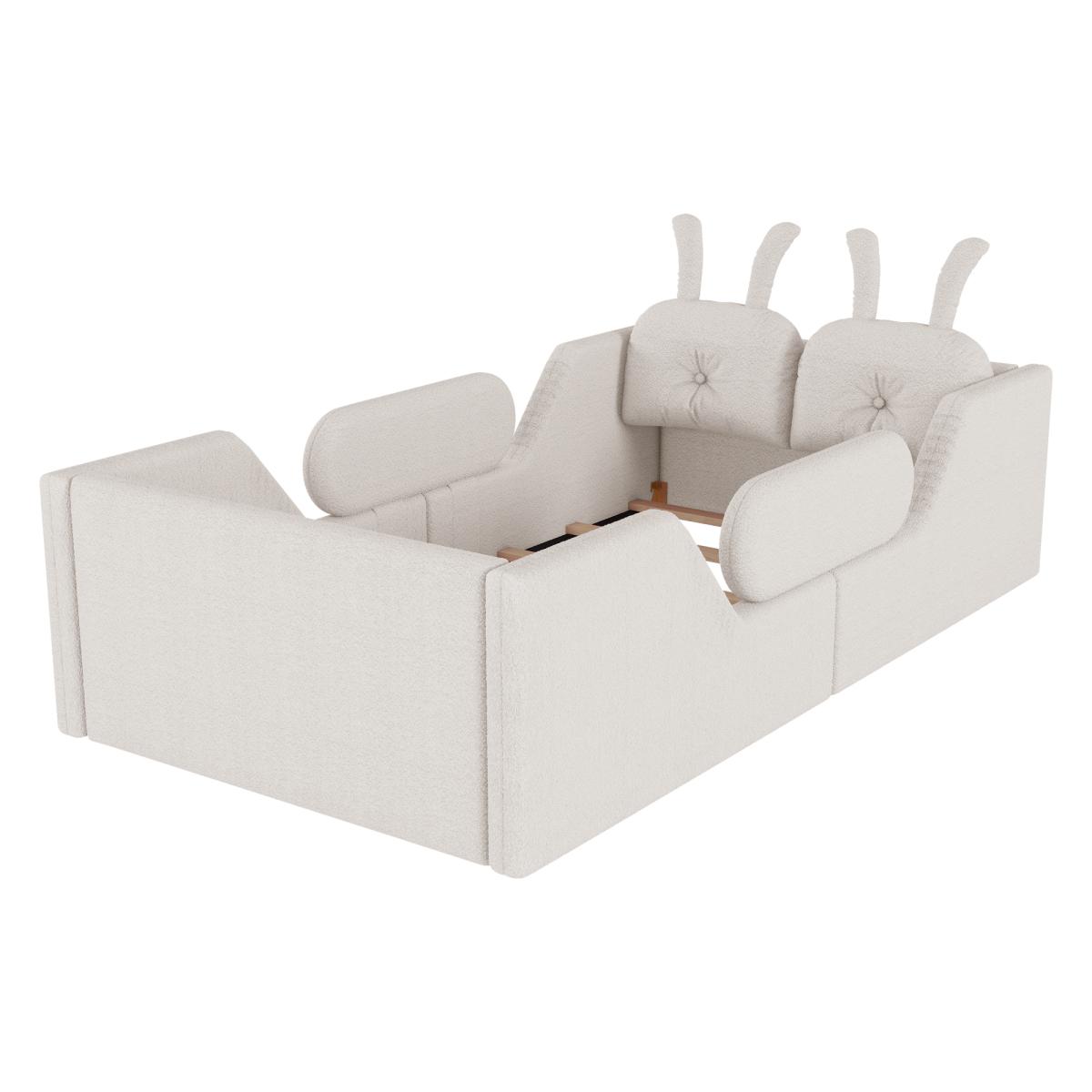 Twin Size Upholstered Floor Bed with 21-Inch Guardrails, Detachable Side Rails & Rabbit-Shaped Cushions, Teddy Fabric Foam Padding, No Box Spring Needed, Fits 8-Inch Mattress Twin Size Upholstered Floor Bed with 21-Inch Guardrails, Detachable Side Rails & Rabbit-Shaped Cushions, Teddy Fabric Foam Padding, No Box Spring Needed, Fits 8-Inch Mattress
