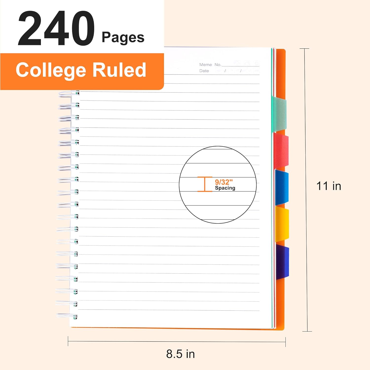 5 Subject Notebook 8.5 x 11 Large Spiral Notebook with Dividers 240 Pages Office Notebooks for Work Multi Subject Notebook with 5 Tabs Professional Organizer Notebooks for Note Taking School, Orange