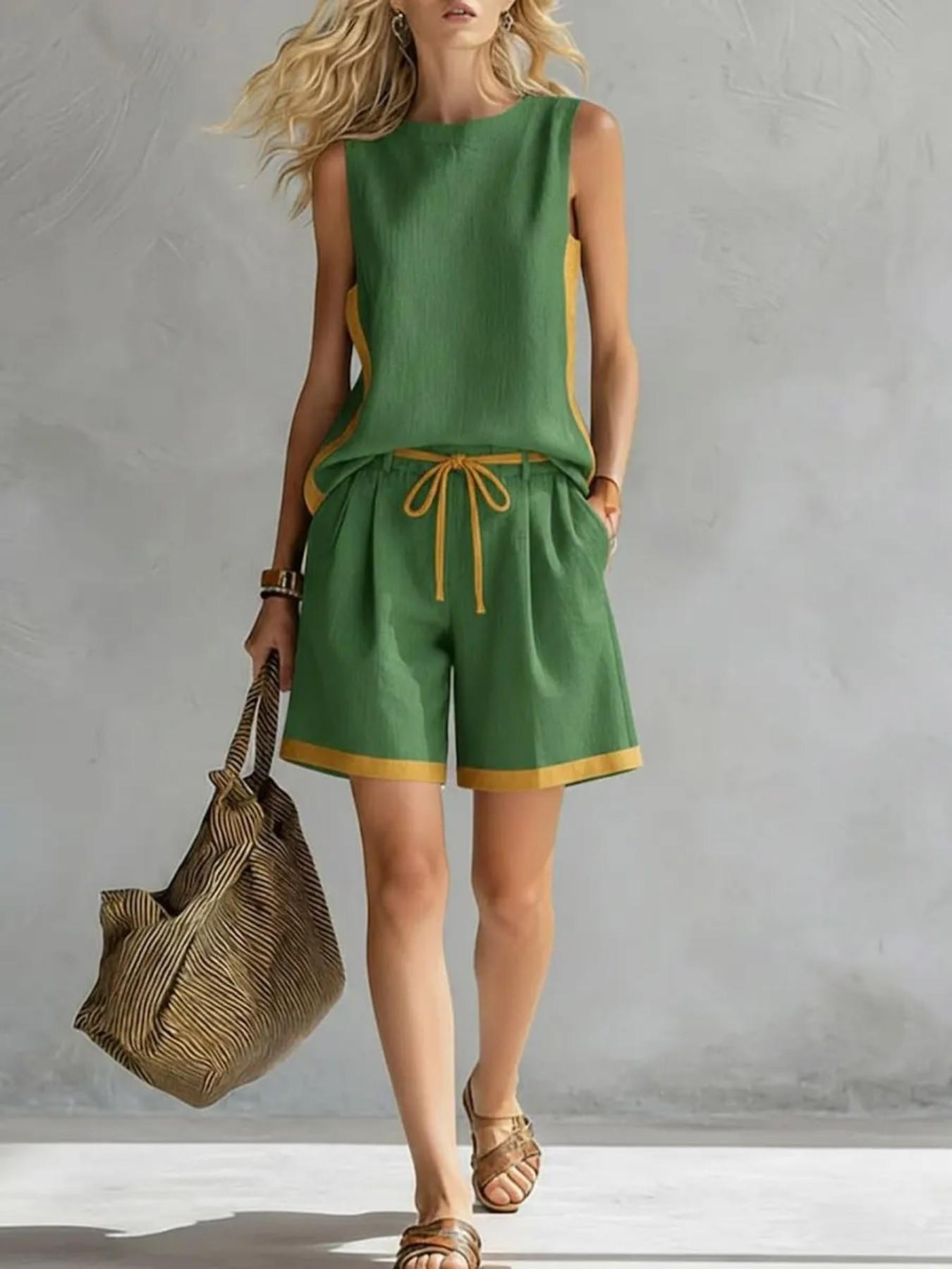 2026 Summer Women Sleeveless Top Color Block Two Piece Set Casual Fashion Wide Leg Pants Matching Outfits Trendy Daily Women Clothing Lady