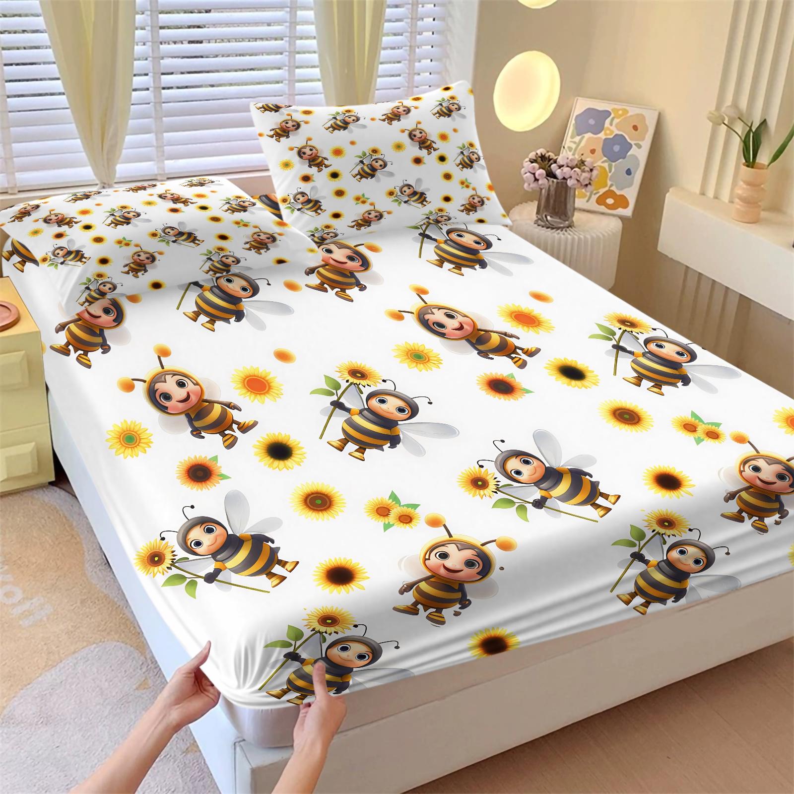 3-Piece Highland Cow & Sunflower Fitted Sheet Set, 1 Fitted Sheet + 2 Pillowcases, Soft Breathable Fabric, Non-Slip Mattress Cover, Floral Cow Bedding, Perfect for Teen Bedroom, Farmhouse Room Decor