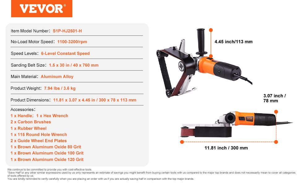 VEVOR Pipe Tube Polisher Sander, 1000W Pipe Belt Sander with 6 Variable Speeds 1100-3200rpm, Professional Belt Sander Grinding Machine with 3PCS Sanding Belts for Burnishing Finishing Rust Removal