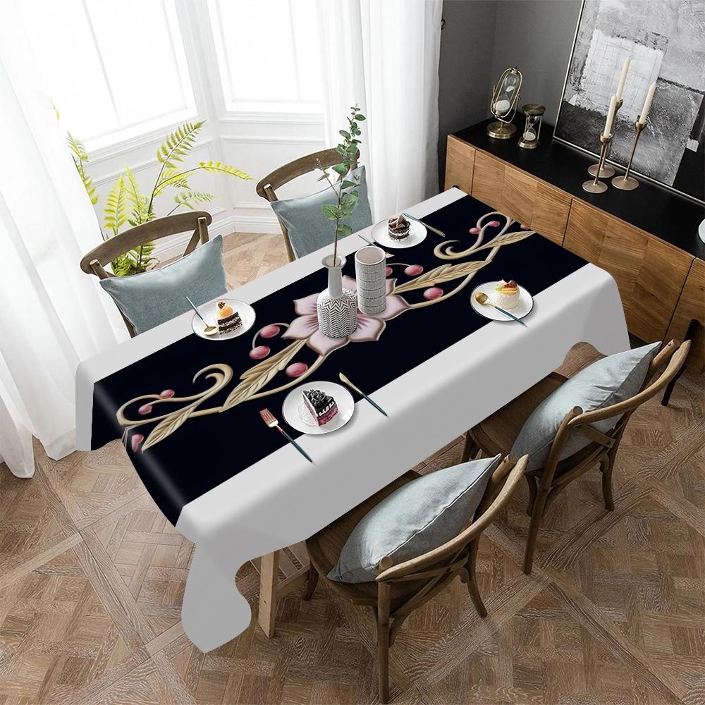 JIT 1pc 2D flat vintage black and white floral pattern rectangular tablecloth, for kitchen, living room, and dining table, kitchen accessory, party, room & outdoor decorative tablecloth, a tablecloth gift for friends