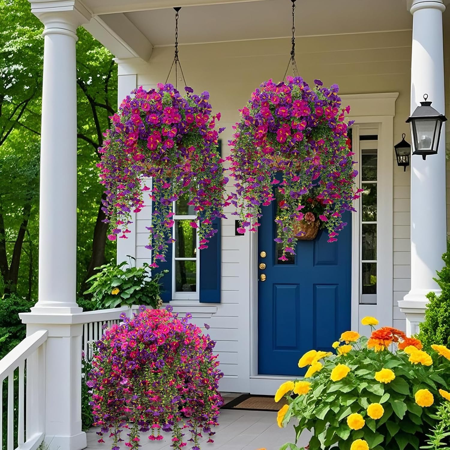 6 PCS Artificial Faux Hanging Flowers Plants for Outdoor Decor,Fake Silk Morning Glory with Eucalyptus UV Resistant Realistic Vines for Wall Home Porch Patio Balcony Yard Decor, Purple and Fuchsia, Artificial Flower Decoration