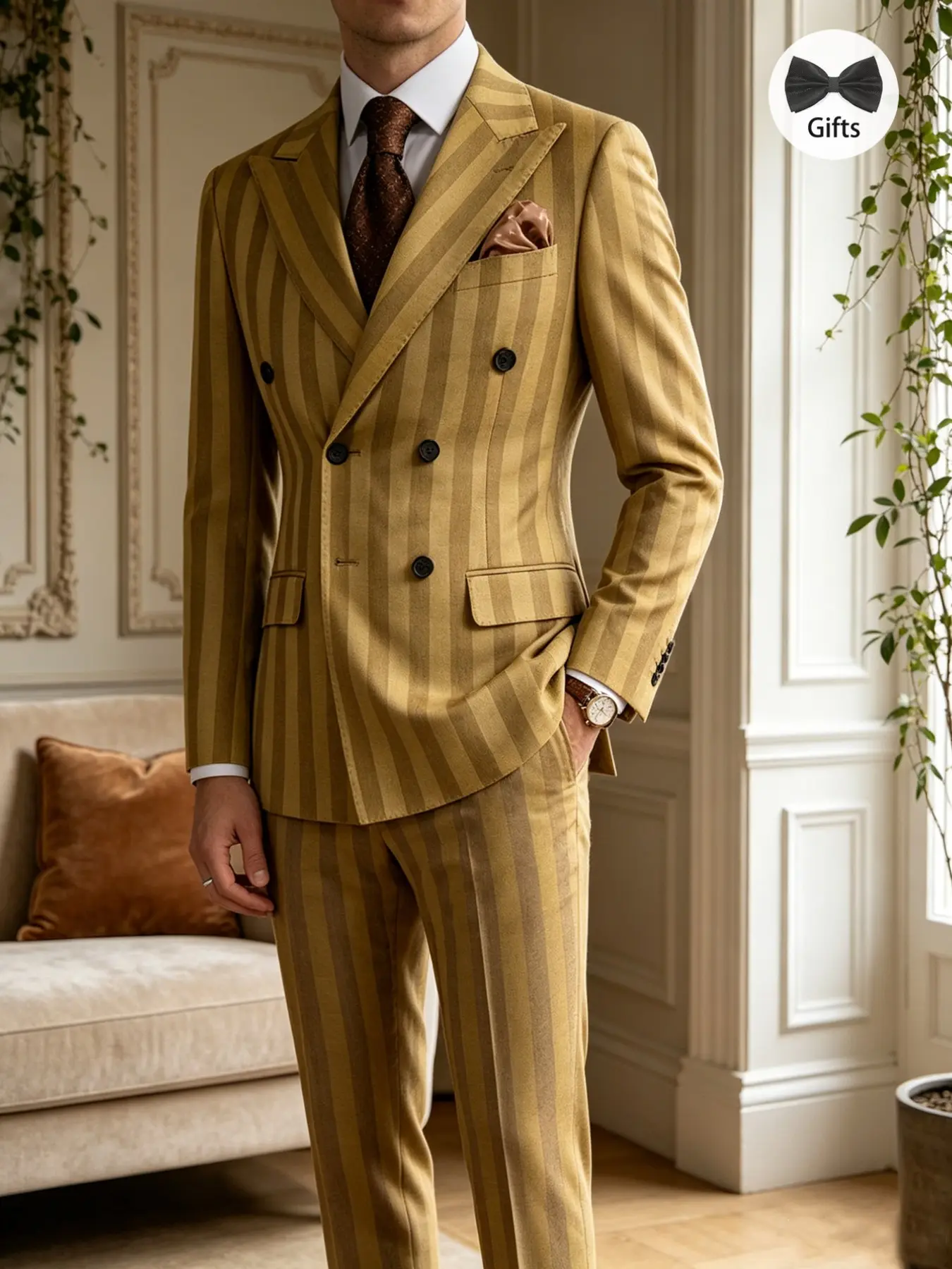 Men's Double Breasted Tailored Fit Suit 2-Piece Set - Long Sleeve Striped Peak Lapel Groom Tuxedo Style Formal Wear, Business Work Clothes, Jacket & Matching Pants for Weddings, Business, Prom, Party Prom Suits