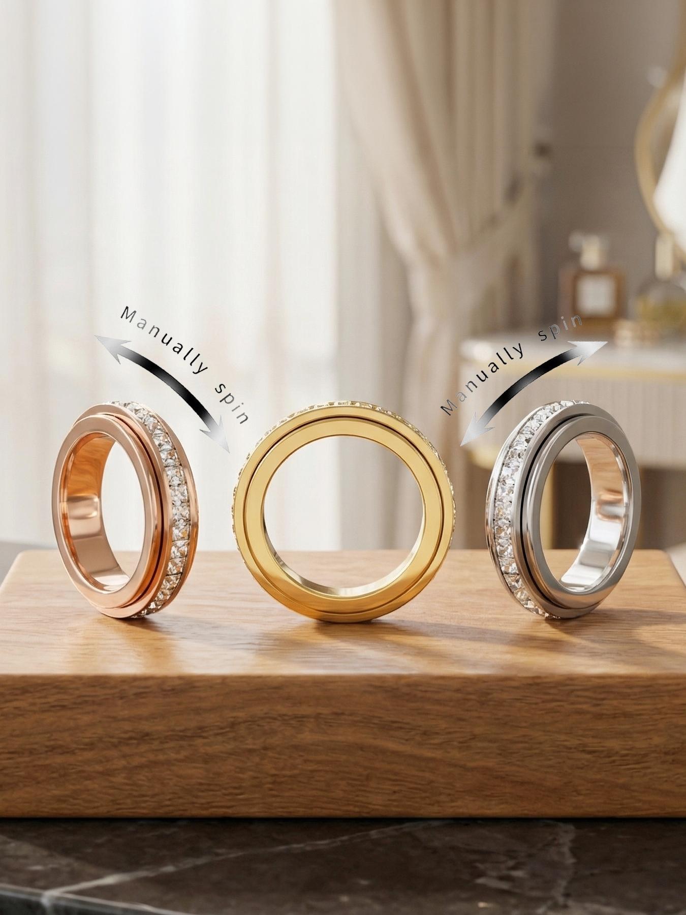 3-piece 18K anti-anxiety ring, fortune-turning rotating stress-relieving ring inlaid with zirconia to relieve anxiety # Jewelry/Stainless Steel/Fade-resistant/Allergy-proof/Couples/Festivals/Parties/Ideal Gift