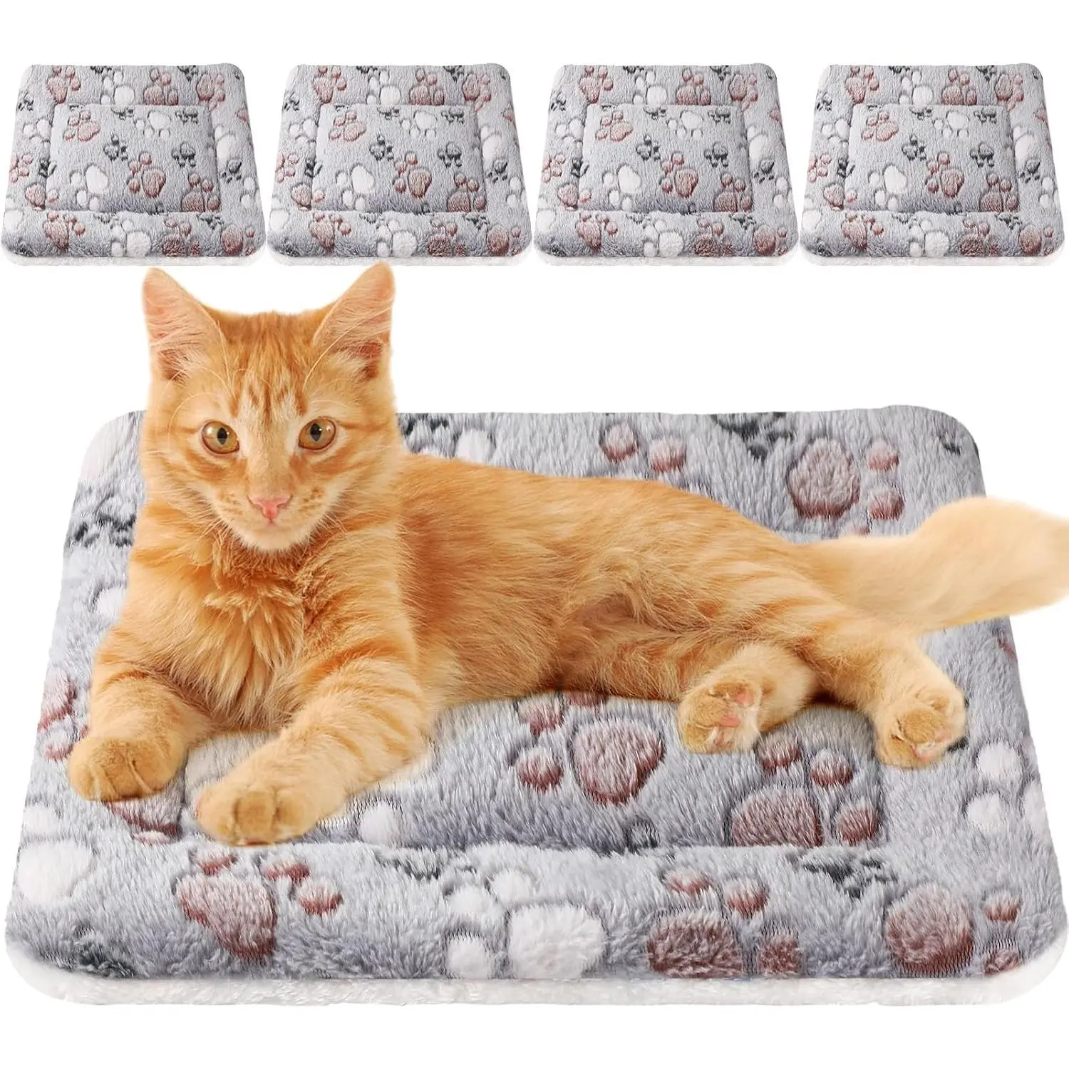 4 Pack Ultra Soft Dog Cat Bed Mat Small Animal Guinea Pig Bed with Cute Print Reversible Fleece Dog Crate Kennel Pad Cozy Washable Thickened Hamster Pet Beds Mat(21 x14 Inches,Light Gray)