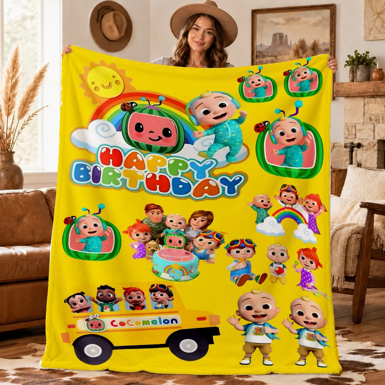 Cocomelon Happy Birthday Collage Throw Blanket, Bright Background, Jj Family Rainbow School Bus, Kids Birthday Party Gift