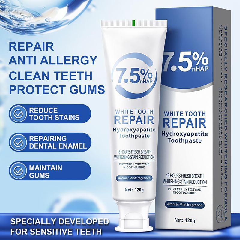 7.5% Hydroxyapatite Toothpaste for Enamel Protection and Tooth Strengthening, White Tooth Repair, Nano Hydroxyapatite Toothpaste, Sensitive Teeth, Gentle Mint, Daily Use for Oral Health