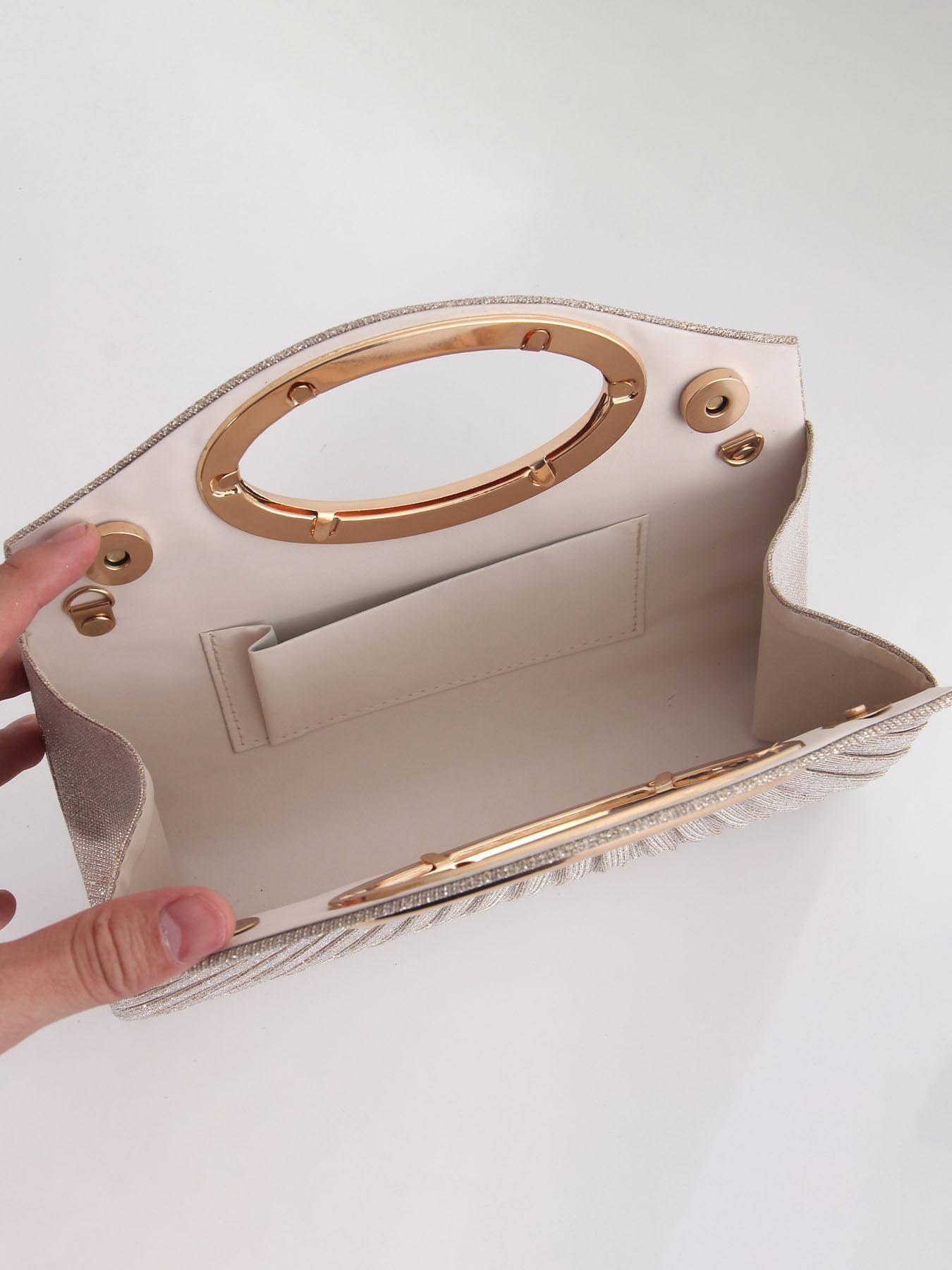 Women's Elegant Glitter Evening Clutch Bag, Metal Ring Handle, Pleated Design, Magnetic Closure, Versatile Strap, Perfect for Weddings, Parties, Wristlet Clutch