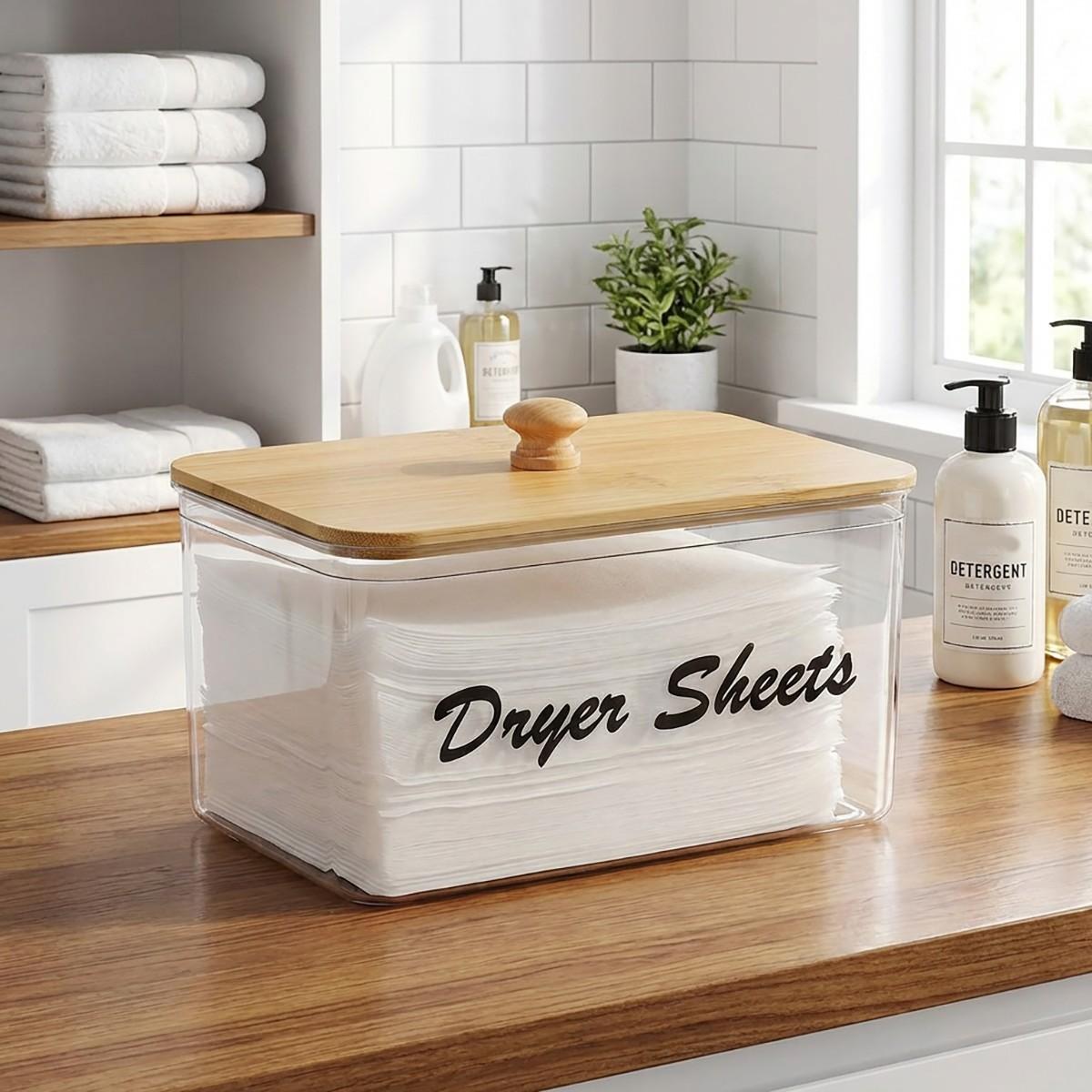 Clear Dryer Sheet Holder Container with Bamboo Lid, 1 Count Laundry Room Decor Storage Box with Label, Clean Dryer Sheet Detergent Pods Dispenser Box for Home