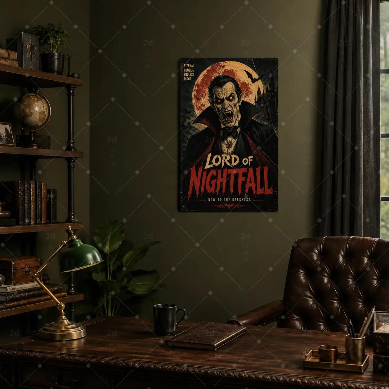 Gothic Vampire Lord Canvas Wall Art, Dark Castle Horror Poster Print for Living Room Bedroom Halloween Decor, Retro Monster Artwork, Available as Unframed Poster or Framed Canvas Wrap
