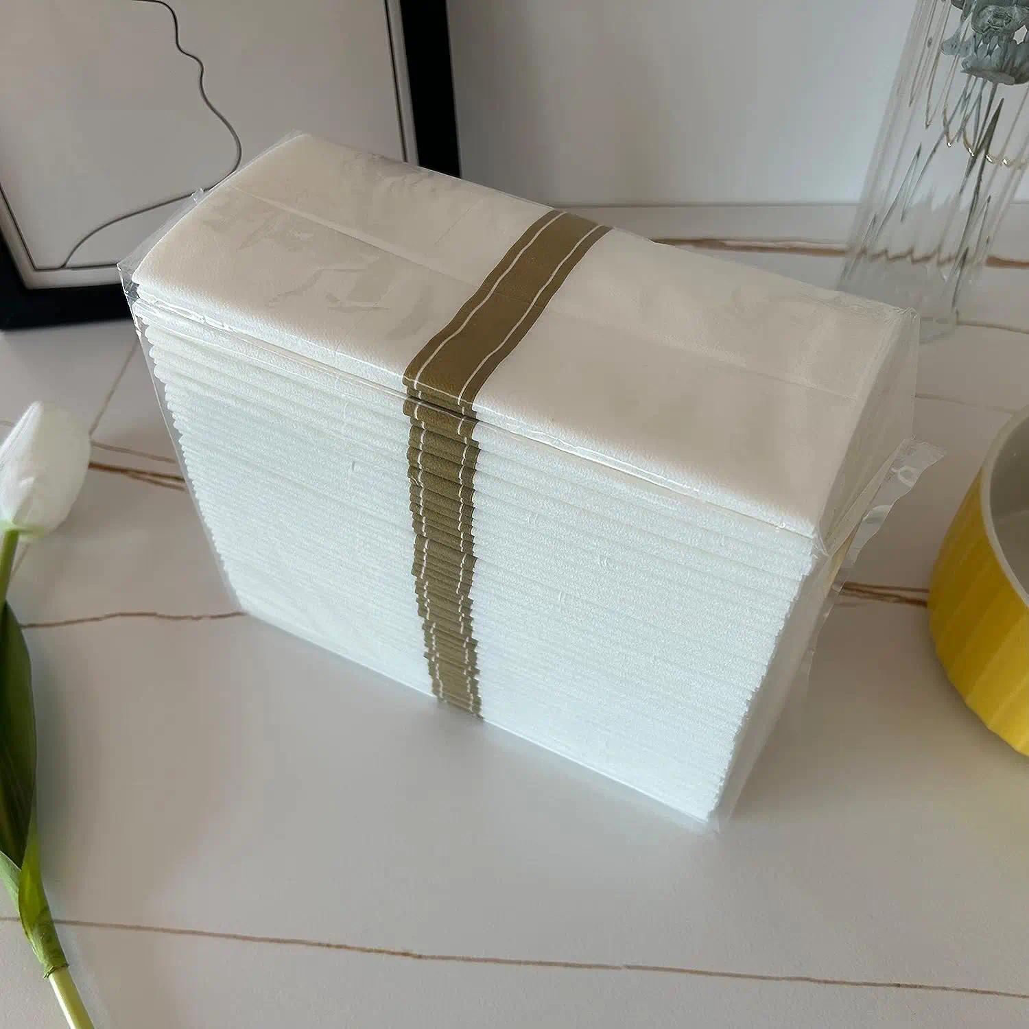 50PCS Gold Line Linen Feel Napkins with Built-in Flatware Pocket, Disposable Guest Pre-folded Paper Towels For Wedding Party