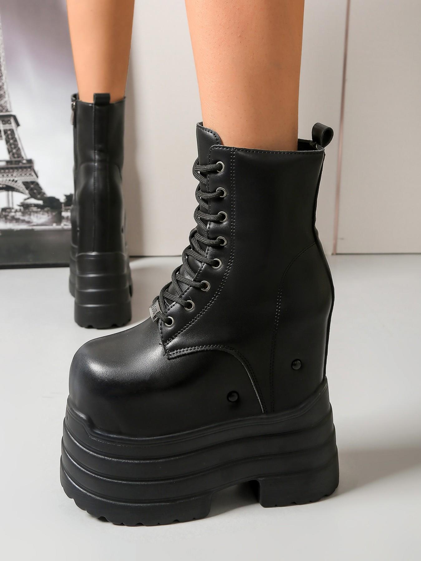 Women's 17CM Ultra Height Boost Platform Combat Boots | For Cosplay Anime Convention | Gothic Punk Y2K Style | PU Leather Lace-Up Non-Slip Lug Sole Round Toe | For Comic Con, Cosplay Event, Rave Festival, Alt Outfits