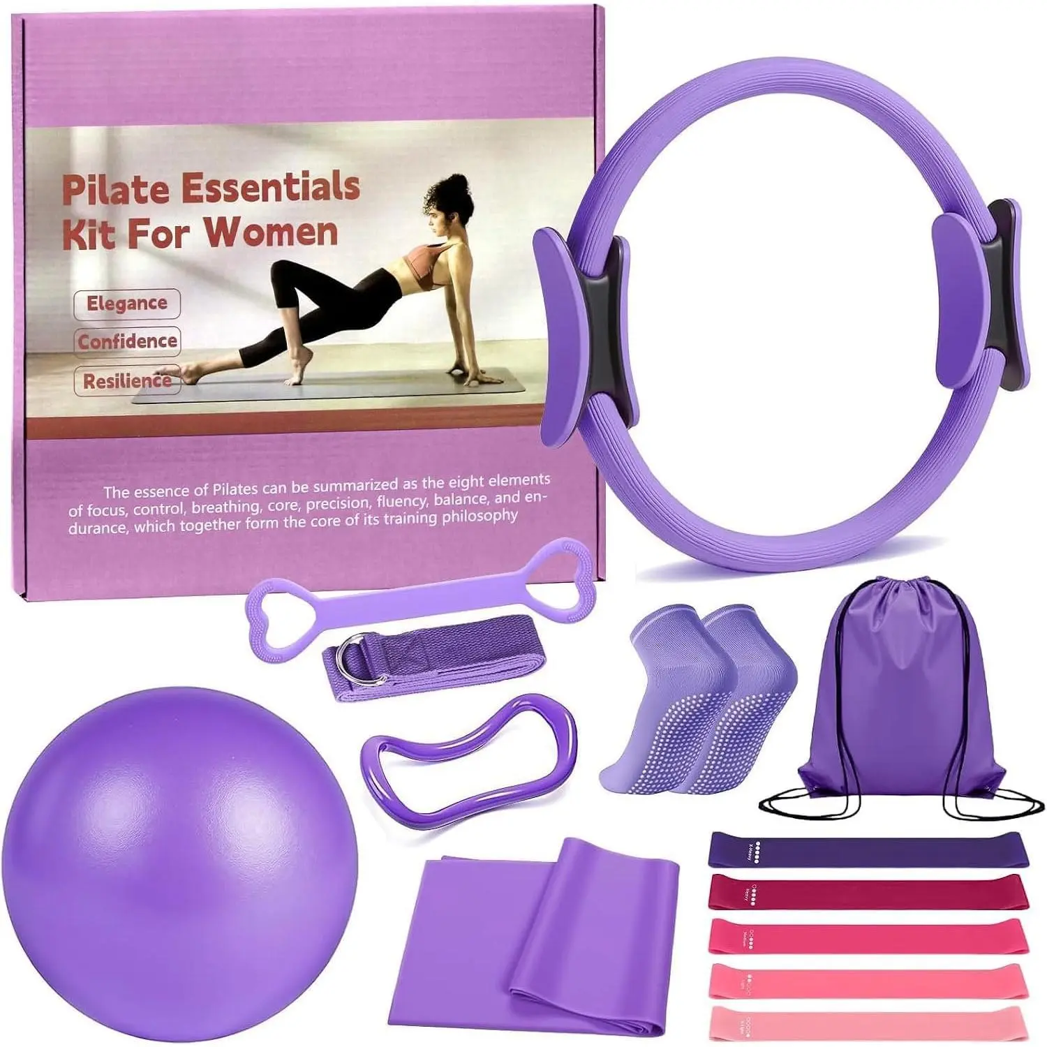 Pilates Ring 13 count Set,Pilates Kit for Women Exercise Equipment Accessories Deformation Magic Circle with Padded Handles, Workouts Ball, Guide & Bag, Resistance Bands for  Arms and