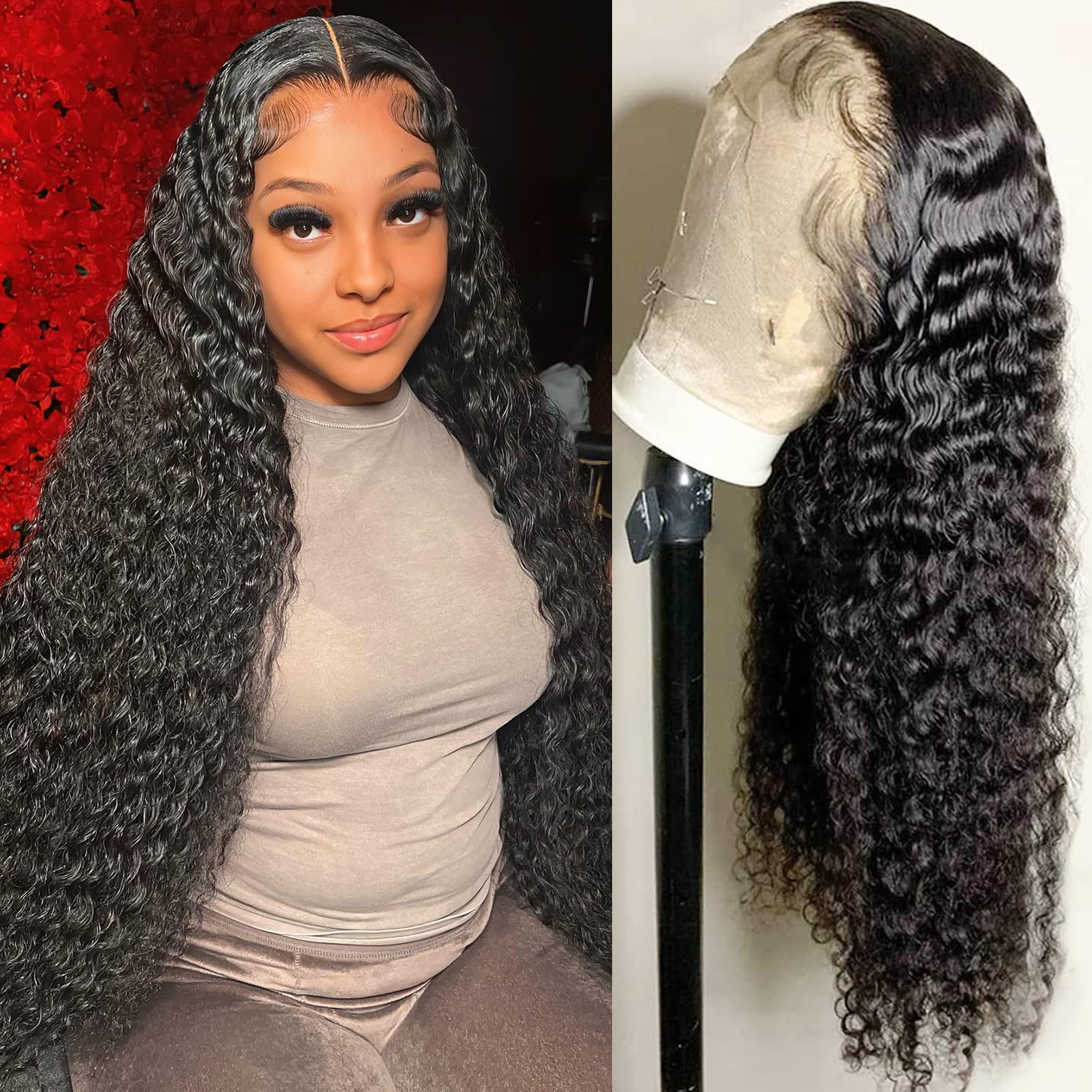 13x6 Deep Wave Lace Front Wigs Human Hair 180% Density HD Deep Curly Lace Frontal Wig for Women Pre Plucked with Baby Hair Curly Lace Frontal Wigs
