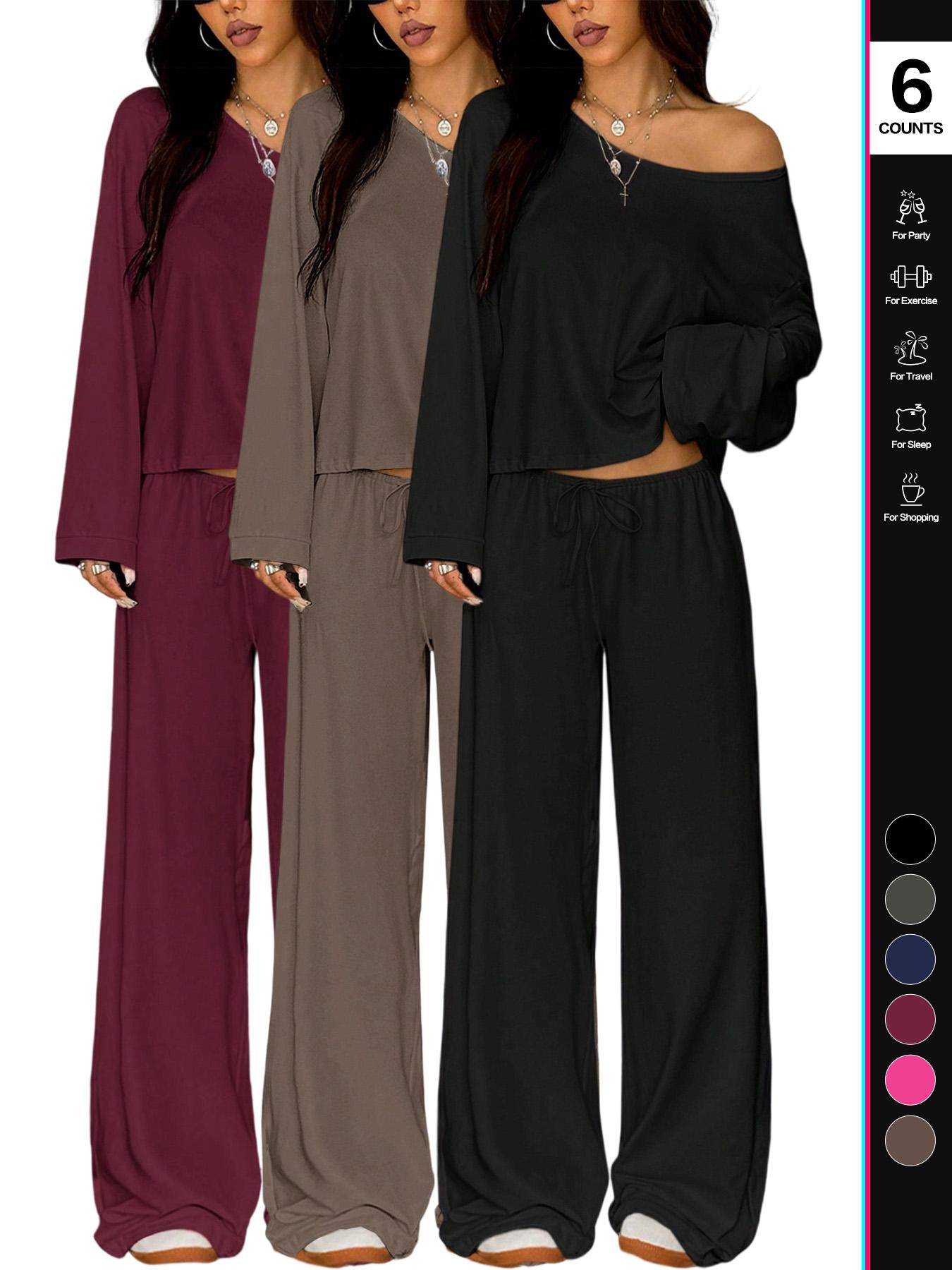 Women's 2 Piece Matching Lounge Set Off The Shoulder Long Sleeve Top and Drawstring Wide Leg Pants Casual Sweatsuit