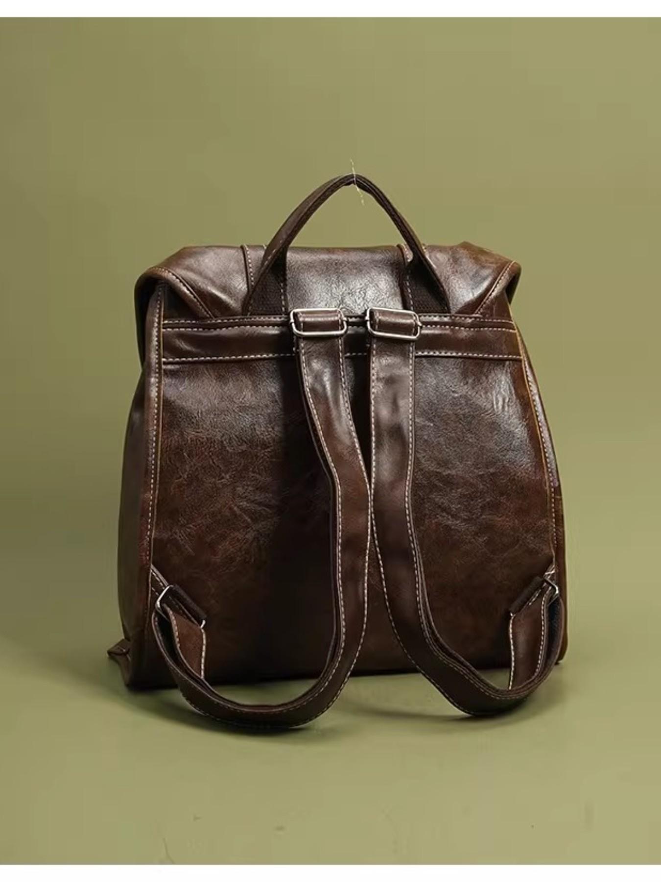 Retro leather backpack - Ladies' retro school style backpack! Classic flip cover backpack, with plush bear pendant and buckle details; Classic faux leather daily bag, suitable for school, commuting and traveling; Douyin bestseller fashion accessory; Light