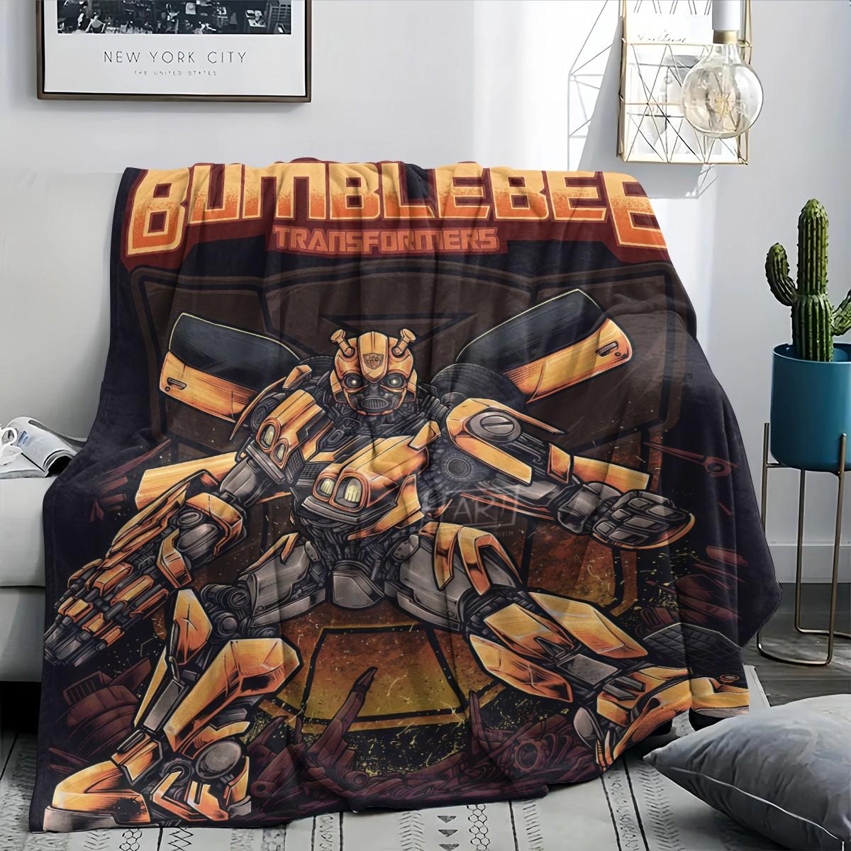 Vintage Transformers Flannel Blanket, Bumblebee Full Print, Thick Comfortable Sofa Cover, Festival Gift, Multi-Purpose Throw Blanket