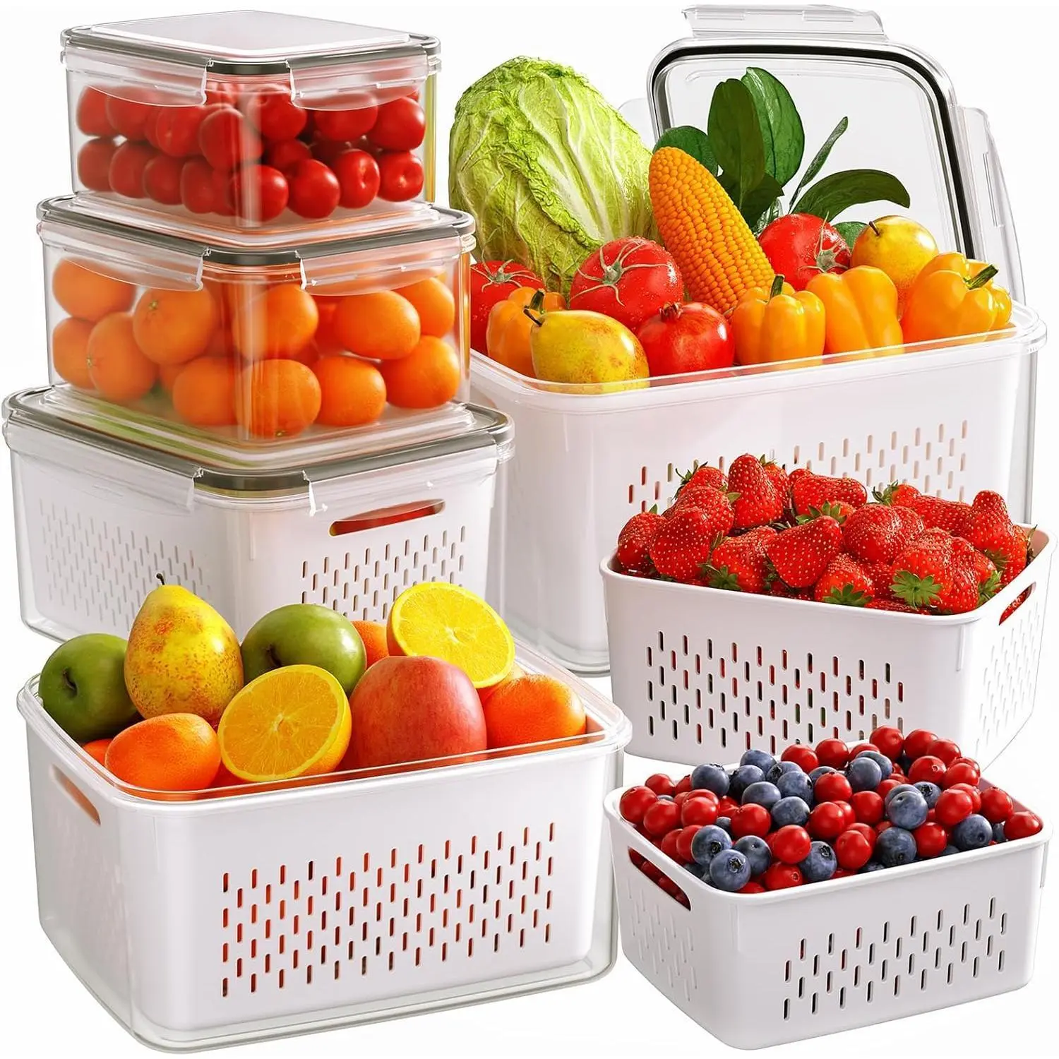 6-Pack Fruit Storage Containers for Fridge with Removable Colanders, 4 in 1 Produce Storage Containers with Lids, Leakproof Fridge Organizer Bins for Salad Berry Lettuce Vegetables Meat Keeper Fresh