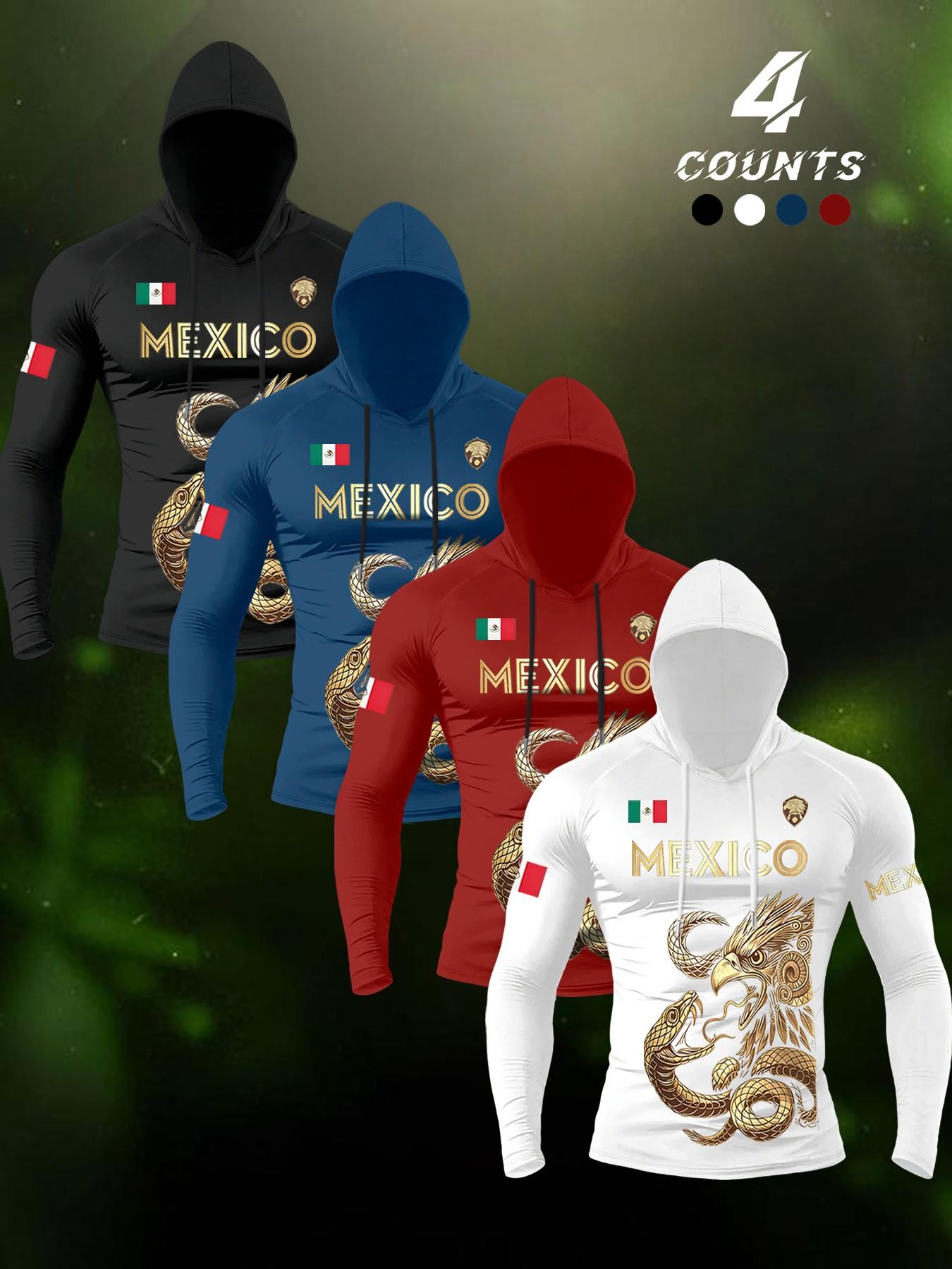 4 Piece Set American Retro Mexican Theme Hooded Long Sleeve Men's Eagle Snake Print Quick-Dry Workout Clothes, Sporty Loose-Fitting