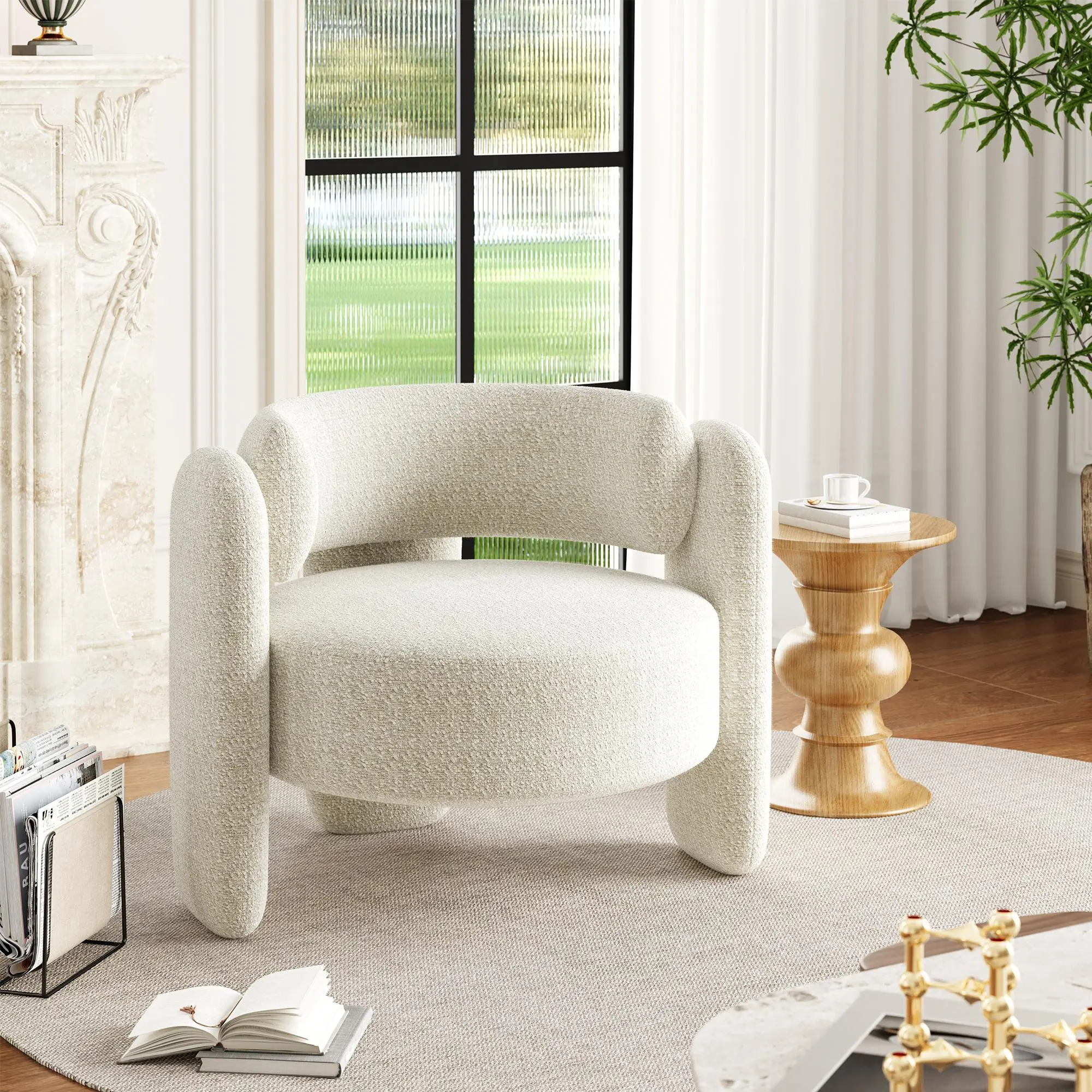 Oversized Barrel Accent Chair, Sherpa Upholstered Barrel Chair Living Room Chair with Curved Backrest, Mid Century Modern Sofa Chair Armchair
