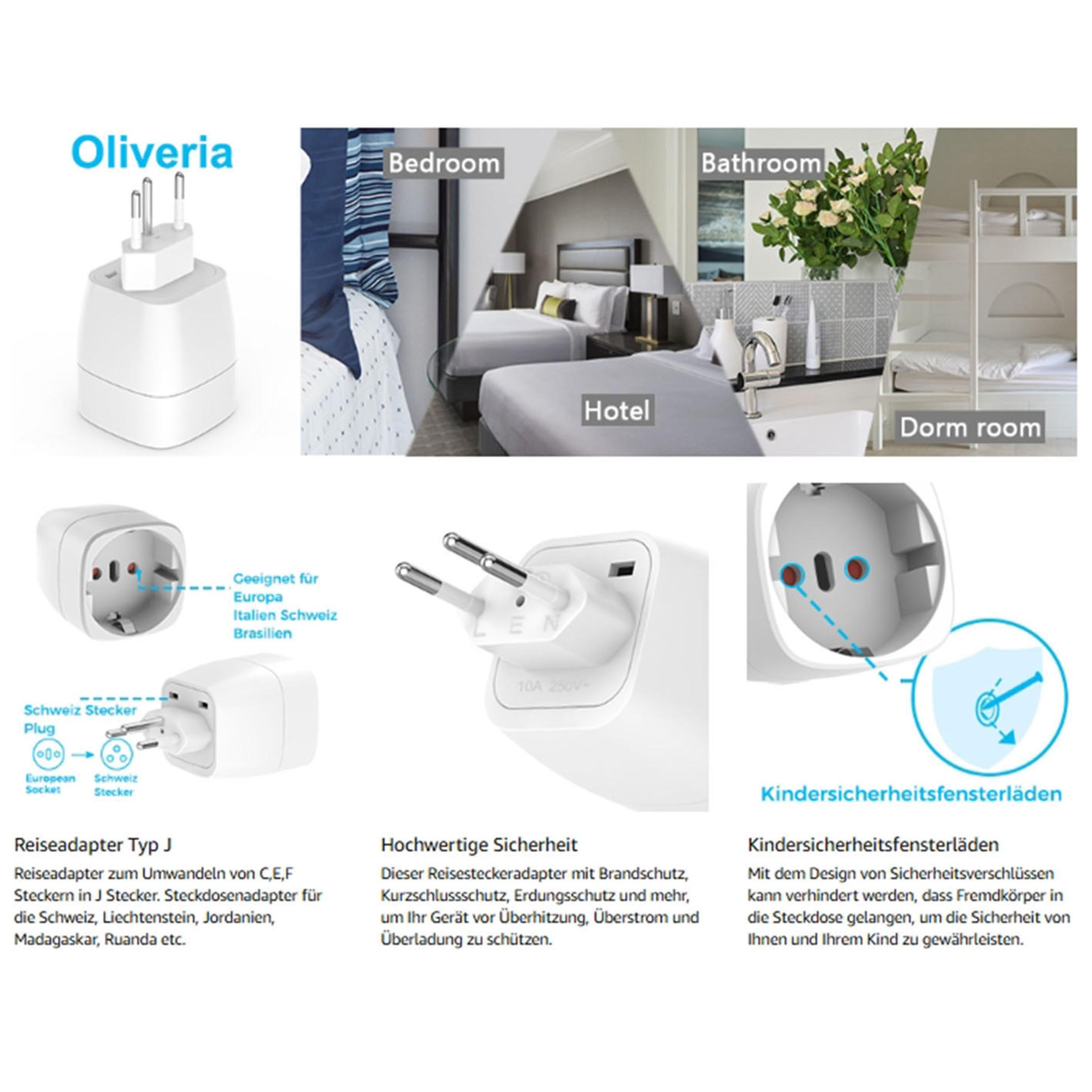 Travel Power Adapter Converter J-Type to E/f-Type, Compact Lightweight Design, Easy to Carry, Socket Adapter for Switzerland/madagascar/liechtenstein