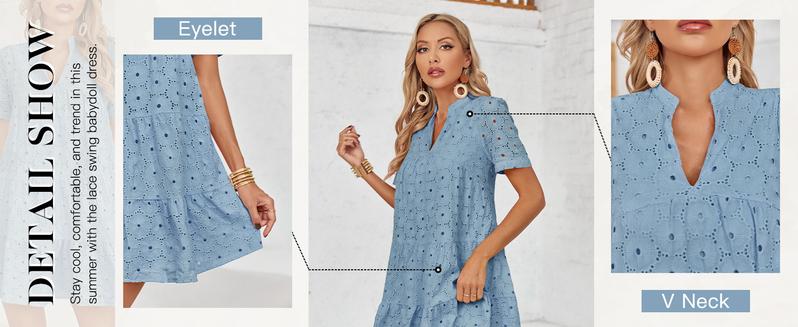Wenrine Women’s Summer Lace Dresses Eyelet Casual Flowy Babydoll Swing Short Sleeve V Neck Tunic Dress