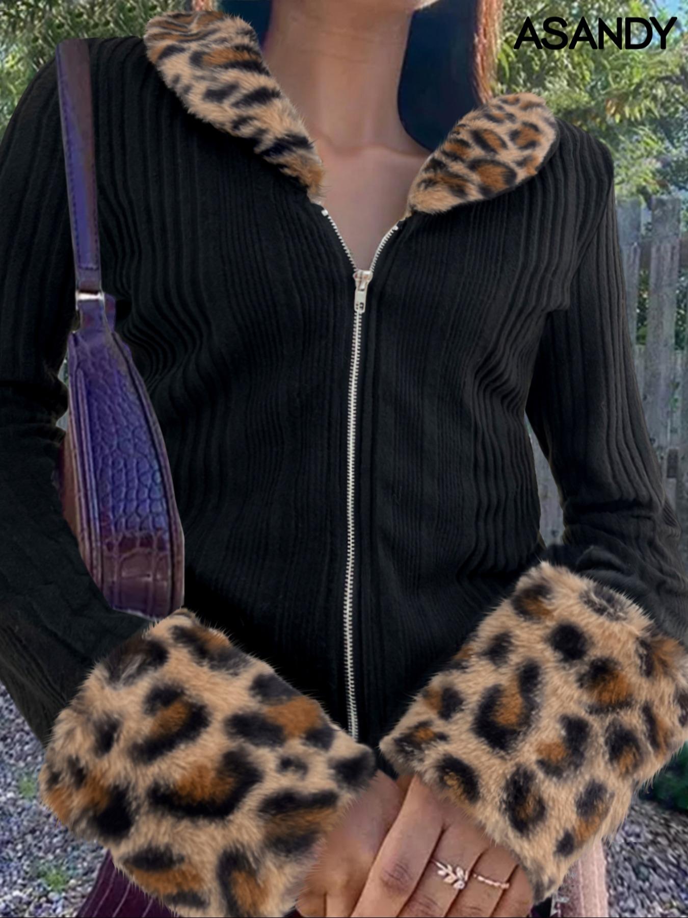 Ladies' leopard print fur collar & cuffs zipper jacket coat