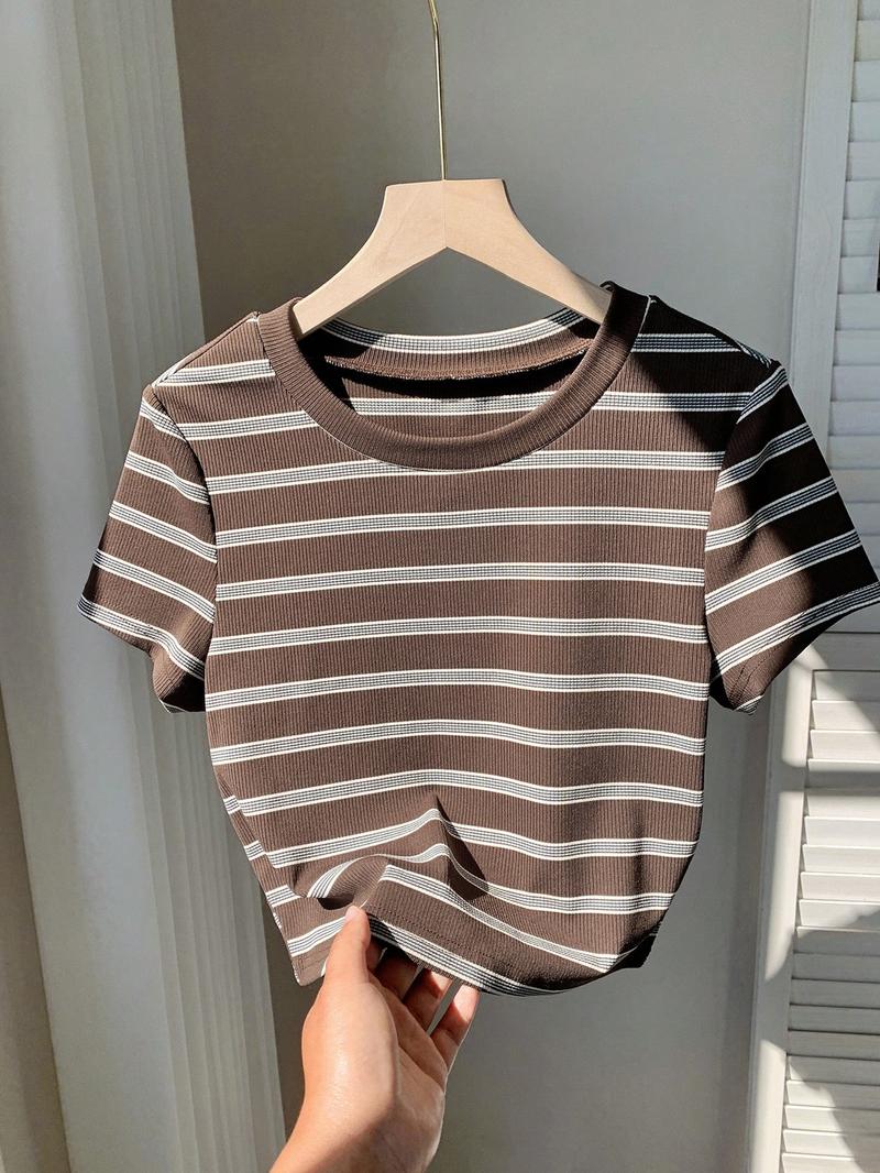 1 Piece Striped Slim Cropped Top | Sweet Cool  Aesthetic | Crew Neck Short Sleeve + Stretchy Ribbed Design | Perfect for Girls' Shopping Spree / Café Photo Ops