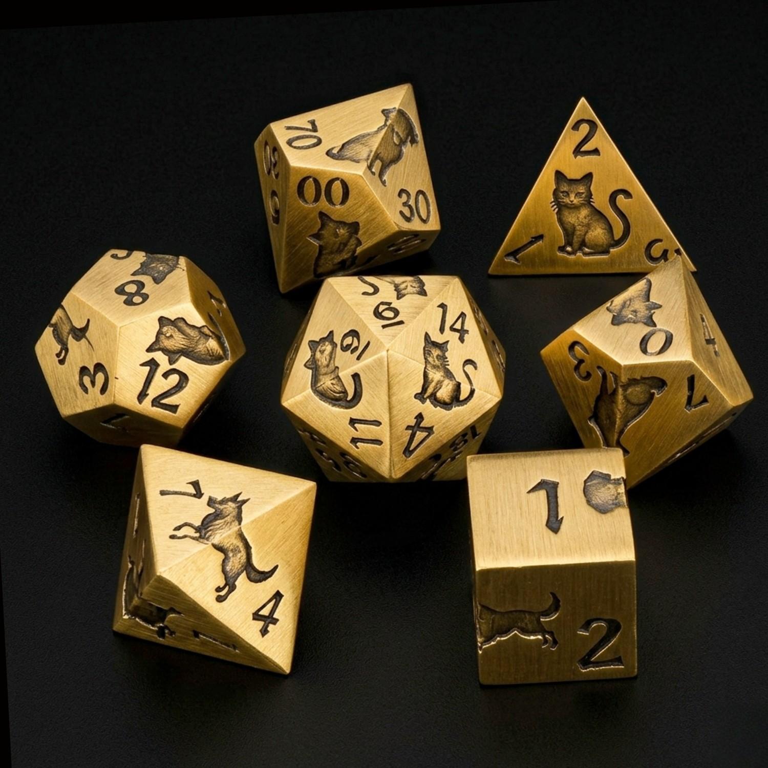 Metal Cat Dog Carved D&d Dice Set, 7-Piece Sharp Corner Polyhedral Rpg Tabletop Dice, Dragon & Dungeon Collectible Dice