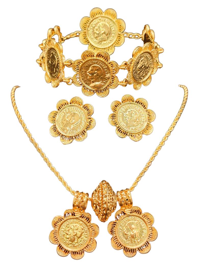 24K Gold Middle Eastern Luxury Vintage Coin Set: Multi-layered Bracelet, Necklace, Ring and Earring Collection - An Exclusive Celebratory Jewelry Gift for Women