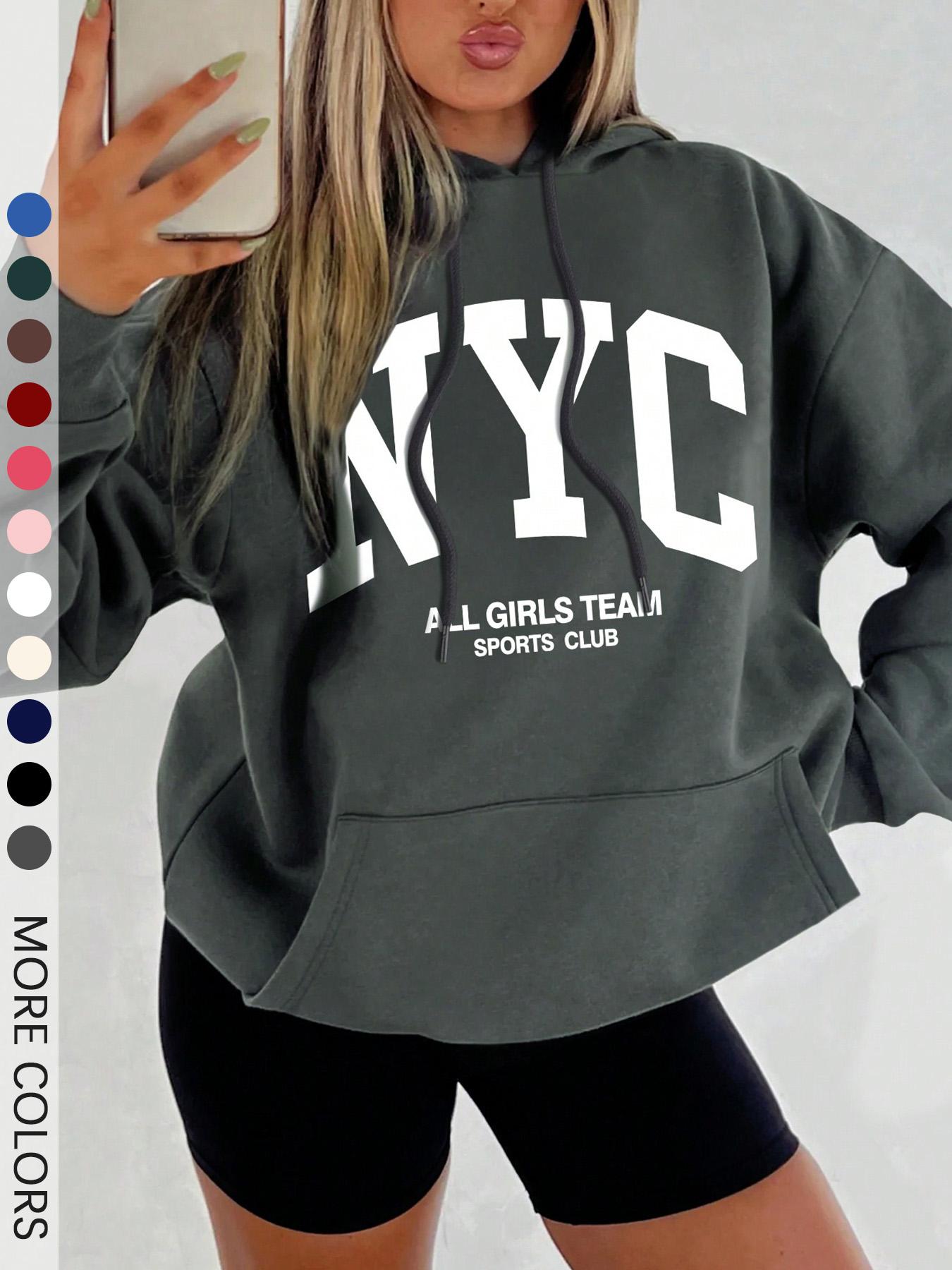 Women's Letter Print Drop Shoulder Hoodie, Fashion Casual Drawstring Pocket Hooded Sweatshirt for Daily Holiday Outdoor Wear, Women Clothing for Fall & Winter