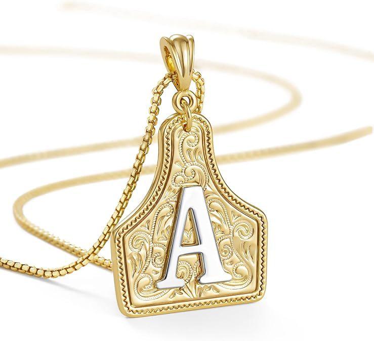 14K Gold Plated Bull Head Initial Necklace, Gold and Silver Bicolor Pendant, Adjustable 20-Inch Chain, Western Style Handmade Jewelry for Both Men and Women #Gift #Holiday #Present #Party