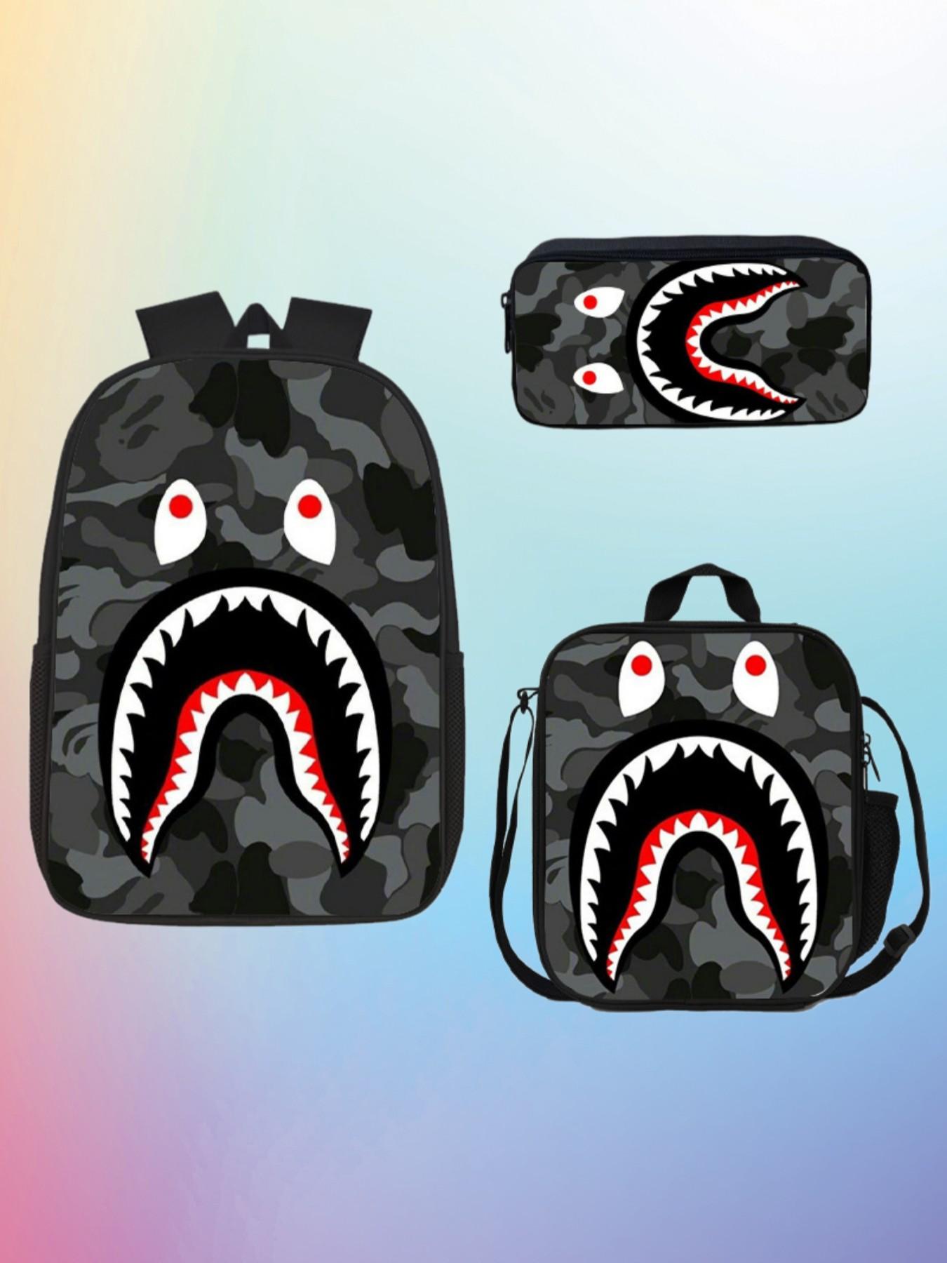 Shark Mouth Three-Piece Backpack Set, Camouflage Student Shoulder Bag Set, Large Capacity School Backpack for Boys and Girls