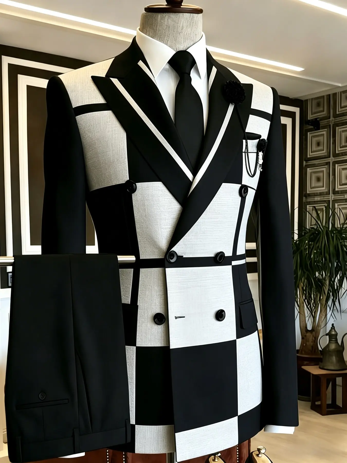 Ainwear Men's 2-Piece Suit, Geometric Block Print, Double Breasted Blazer Jacket, Solid Dress Pants, Formal Wedding Tuxedo, Wedding Suits