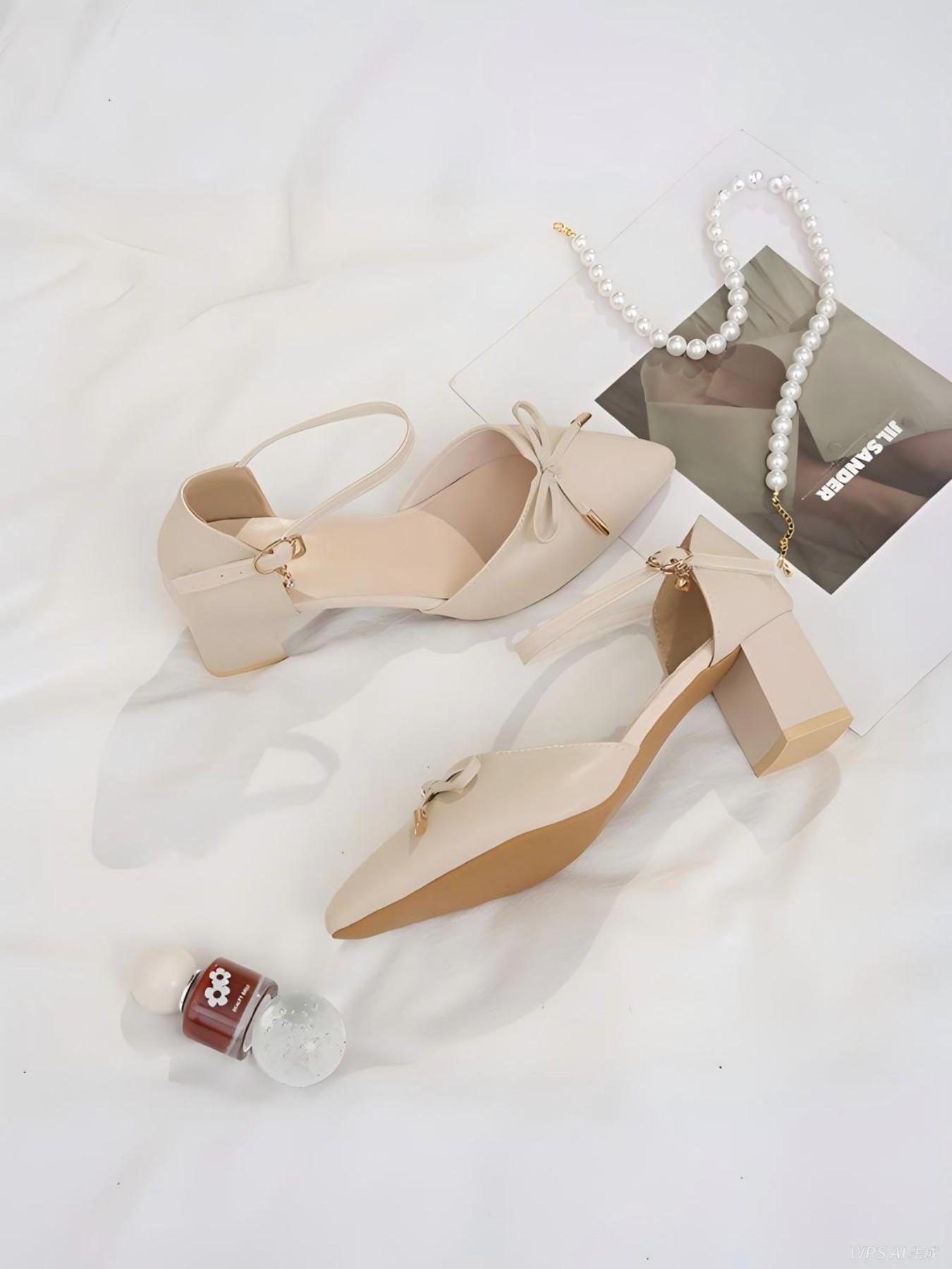 Women's Elegant Pointed Toe Heeled Sandals, Bowknot Anklet Mary Jane Shoes, Comfortable Mid-Heel Dress Shoes for Office, Wedding, Party