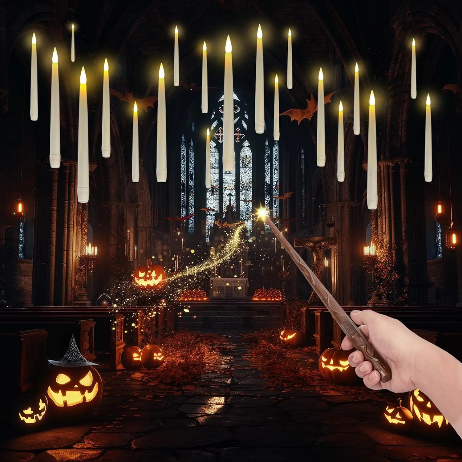 20PCS Floating Candles with Wand Remote, Flameless Taper Candle with Flickering Warm Light, Battery Operated Deco Candles for Halloween, Christmas, Birthday, Indoor Decor