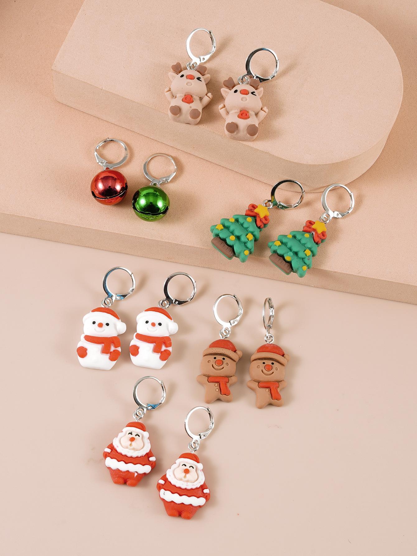 6 Sets of Fashionable Santa Reindeer Resin Tree Bell Earring Ear Hooks Gift