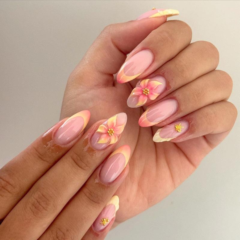 24Pcs Mid-length Gilded Almond Nails Set Press on 3D Flower Gradient Pink Full Cover False Nails Tips Pearl Reusable Fake Nails
