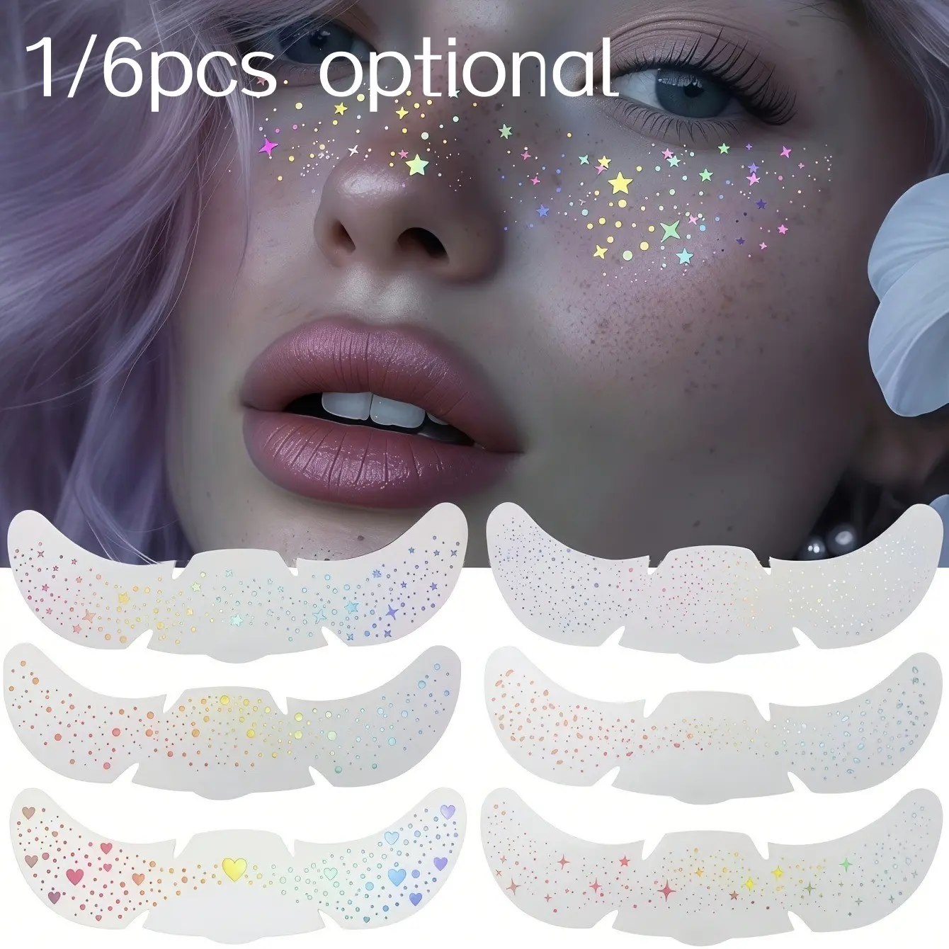 6pcs Mixed Glitter Laser Freckle Stickers, Rainbow Heart Star Dot Waterproof Temporary Tattoos, Glitter Freckles Face Tattoo, Party Festival Daily Makeup Decorations