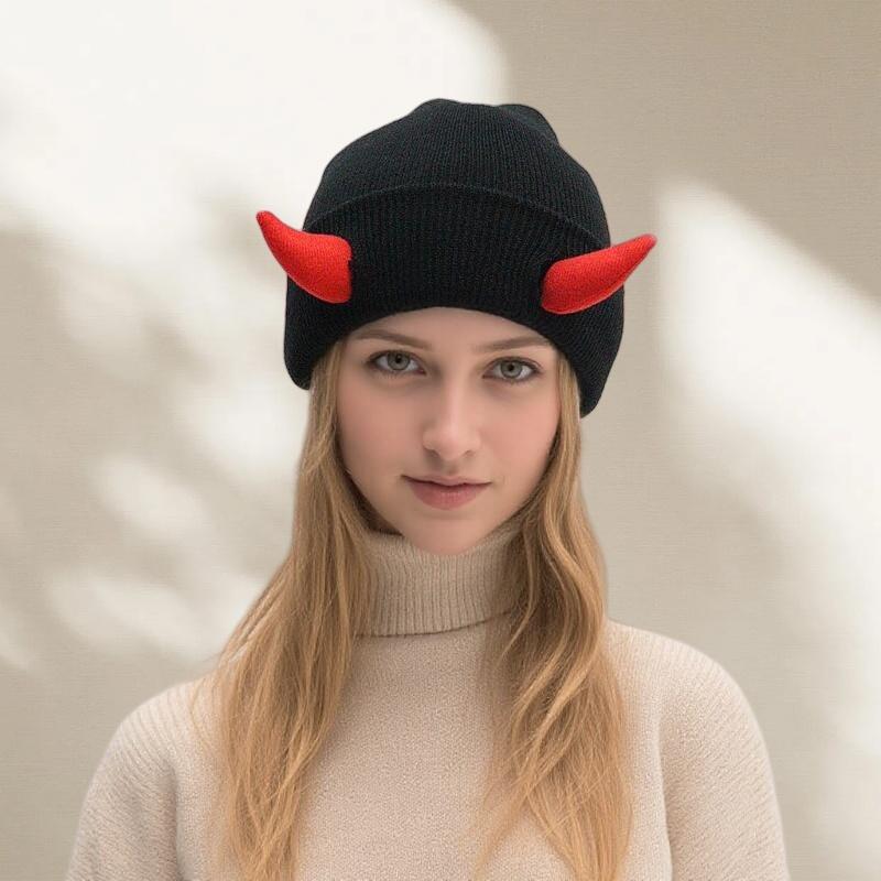 Unisex Reversible Knit Beanie Skull Cap - 1 Pack Soft Stretch Acrylic Warm Winter Headwear with 3D Devil Horns, Multi Color Options, Streetwear Style, Ideal for Halloween Cosplay, Outdoor Skiing