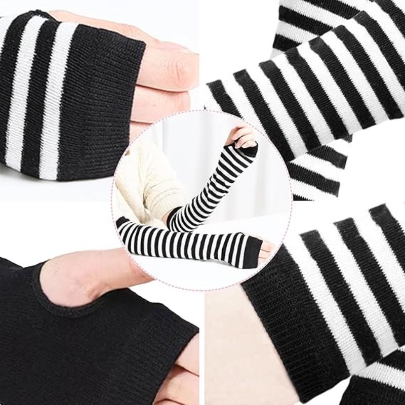 Women's Gothic Punk Striped Half-Finger Gloves, Knit Arm Warmers with Thumb Hole, Elastic Wrist and Arm Warmth, Fashionable Striped Design